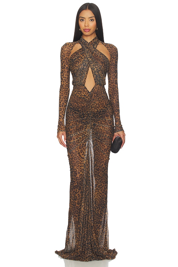 Printed Mesh Halter Ruched Gown