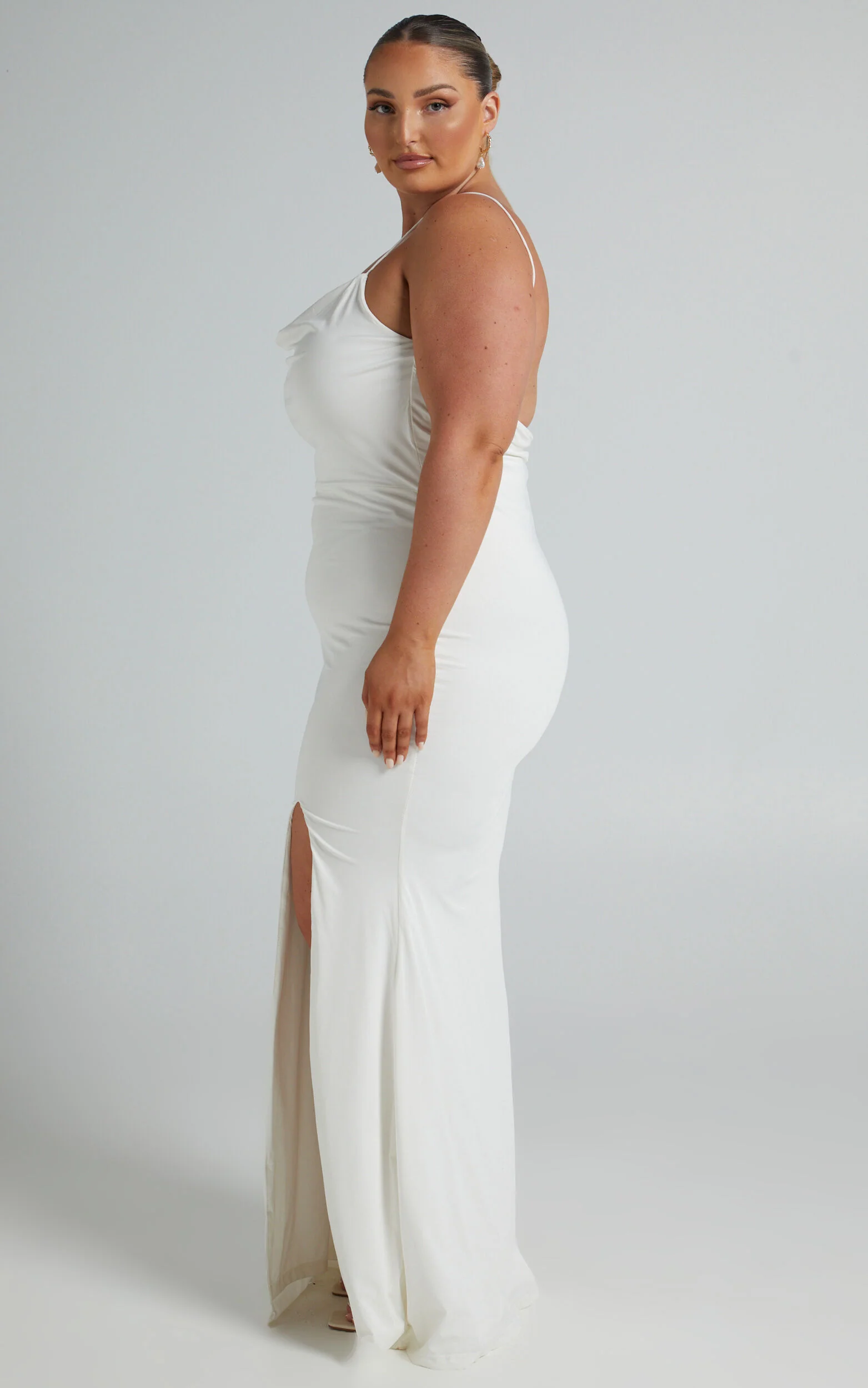 Tasteful Midi Dress - Cowl Neck Bodycon Thigh Split Dress in White