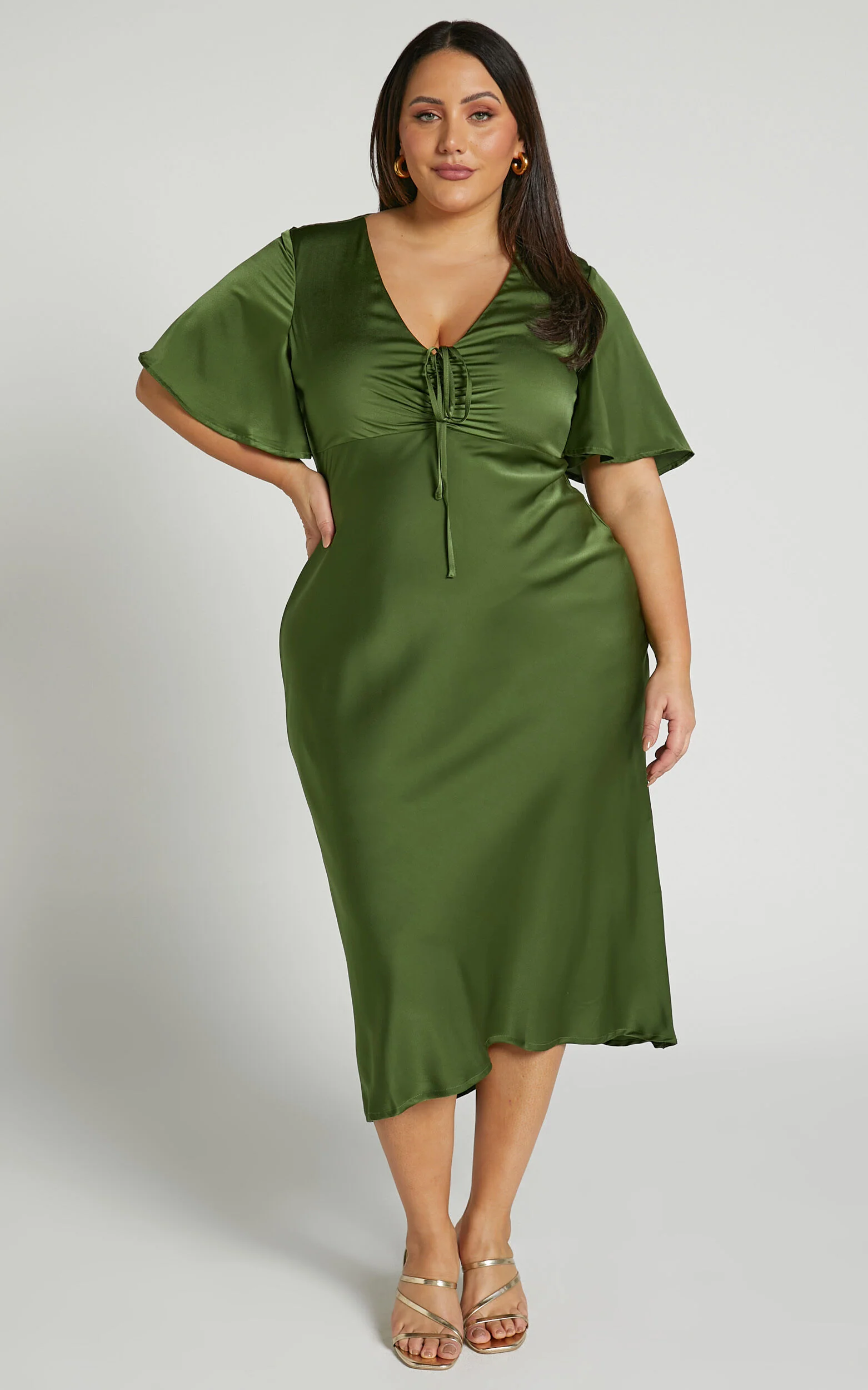 Nicholla Midi Dress - Ruched Front Angel Sleeve Slip Dress in Olive