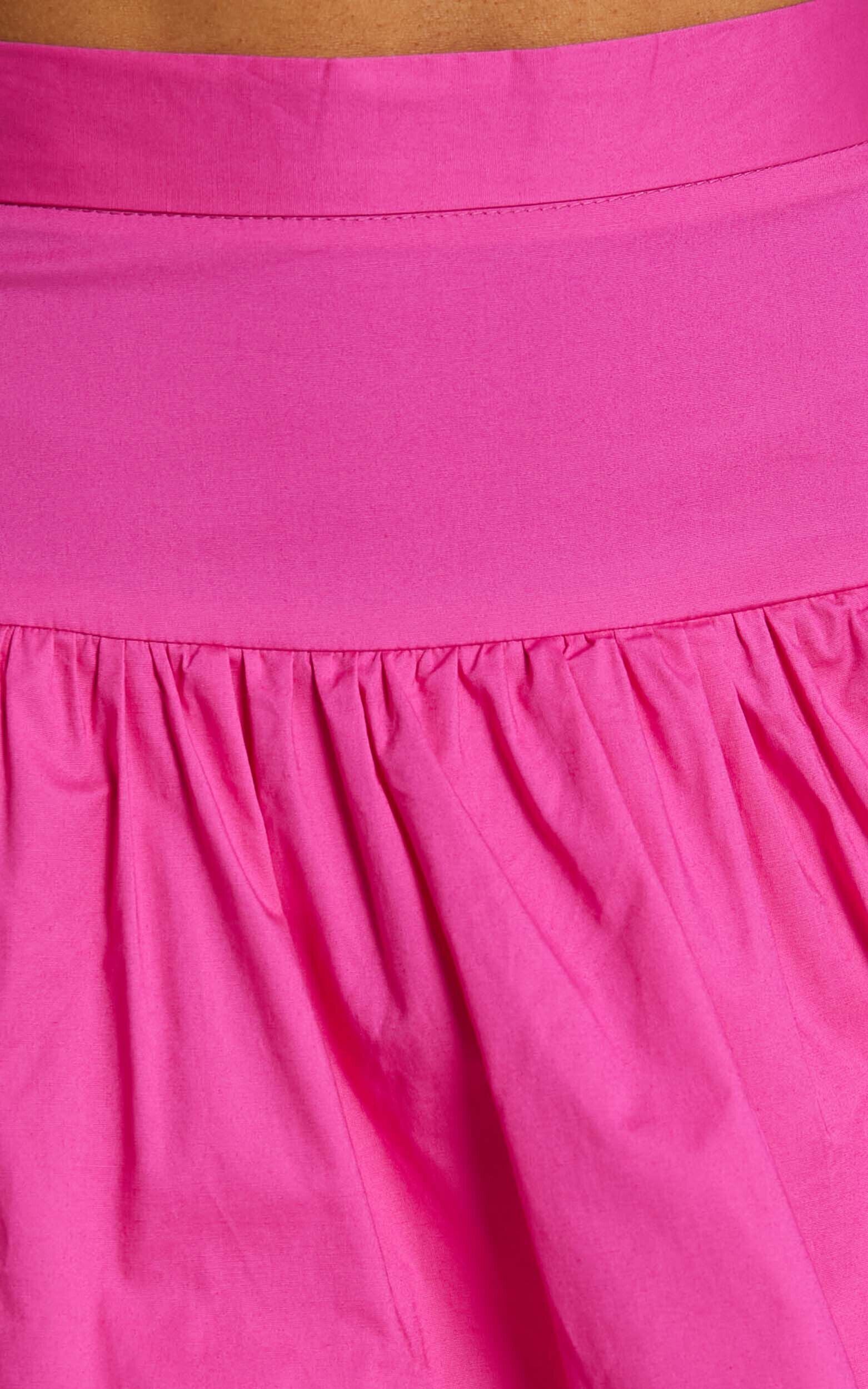 Kaycie Two Piece Set - One Shoulder Asymmetrical Ruched Top and Tiered Midi Skirt Set in Pink