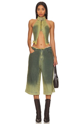 Green Denim Buckle Neck Top