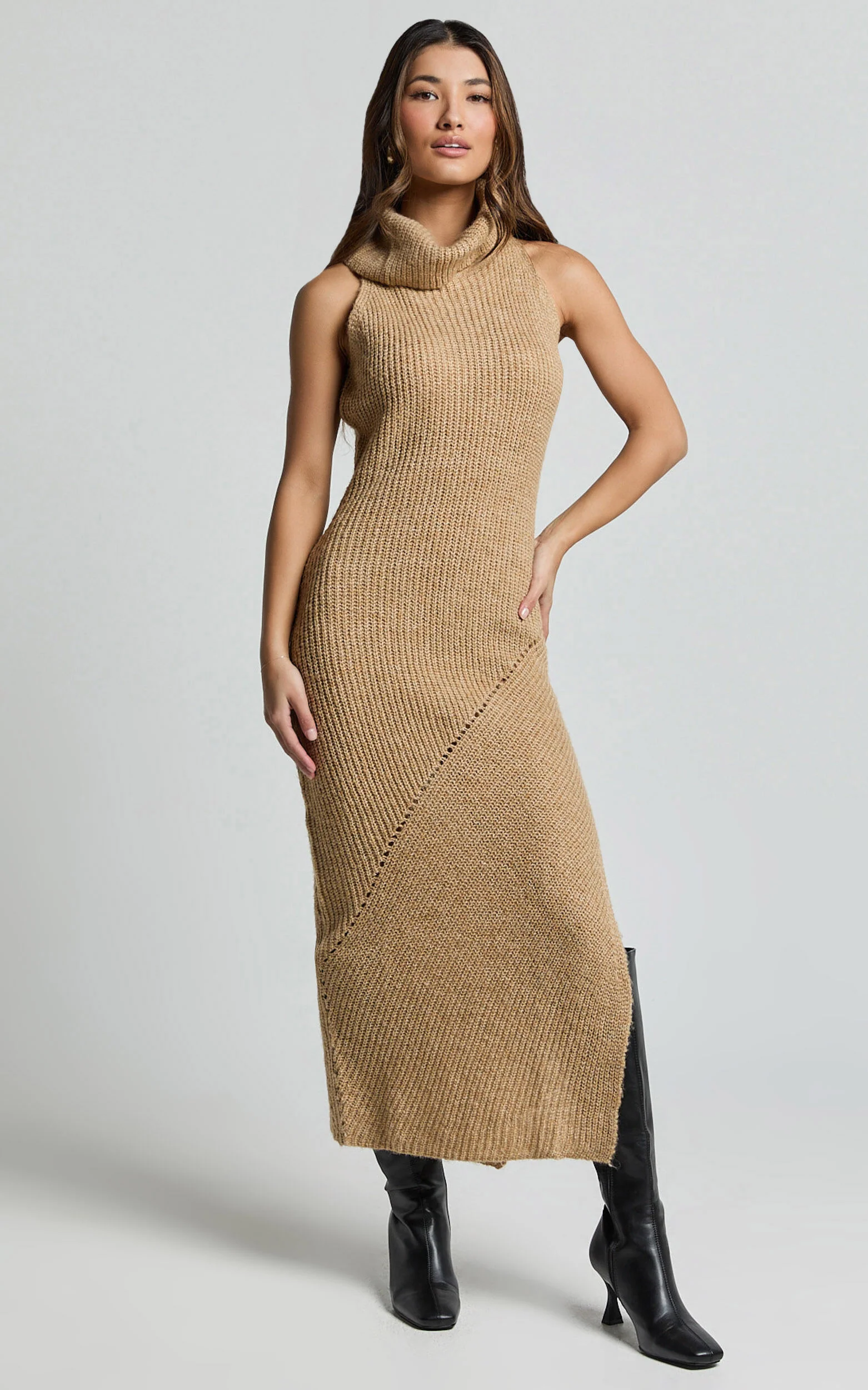Alaina Midi Dress - Recycled Polyester Knitted Roll Neck Dress in Caramel