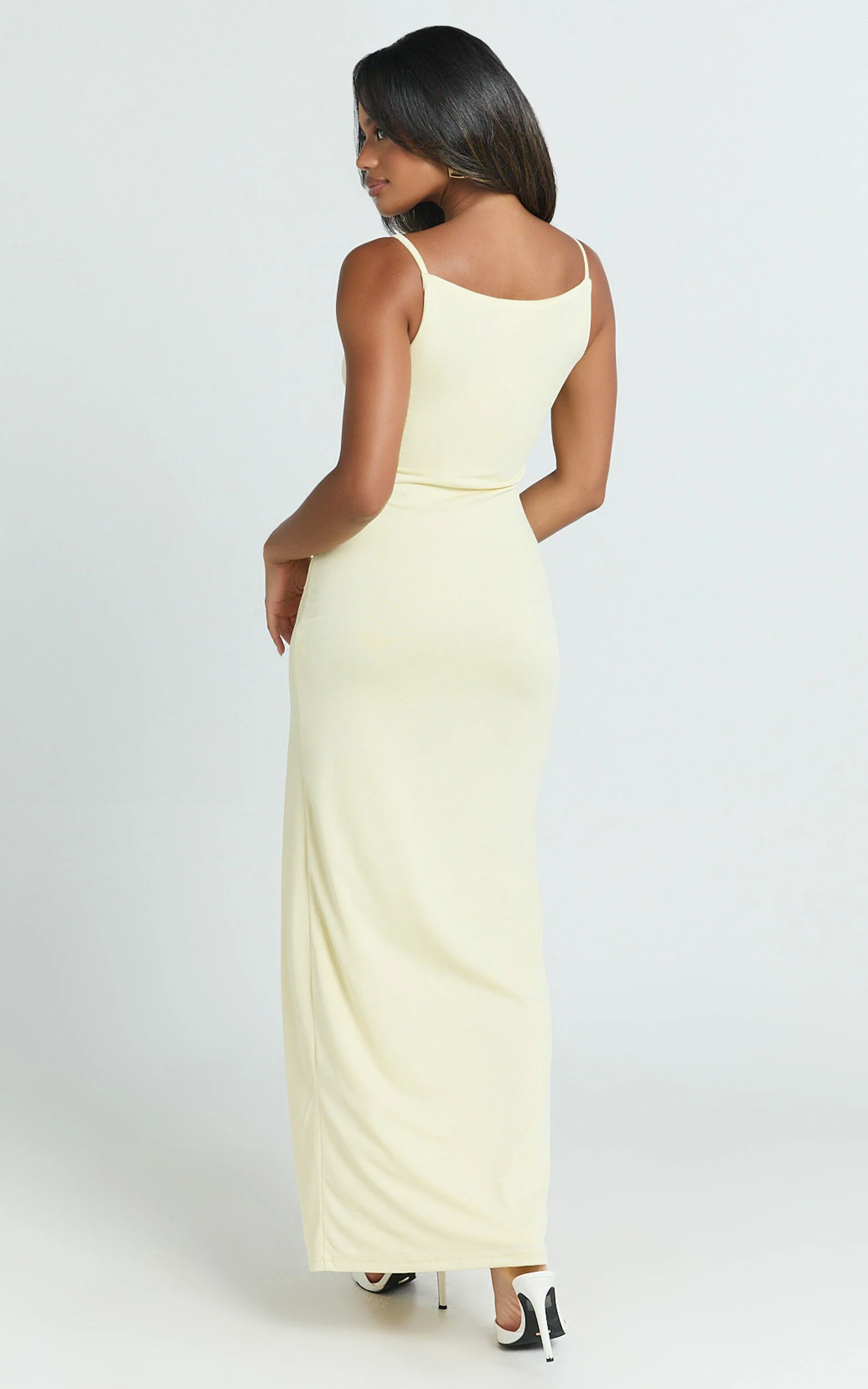 Audette Maxi Dress - Boat Neck Ruched Fitted Dress in Lemon