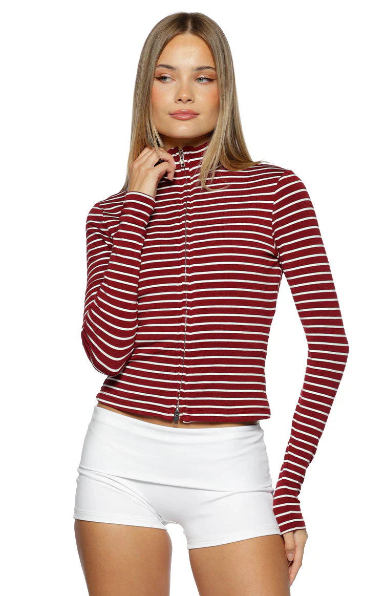 Poppi Burgundy Stripe Double Zip Sweater