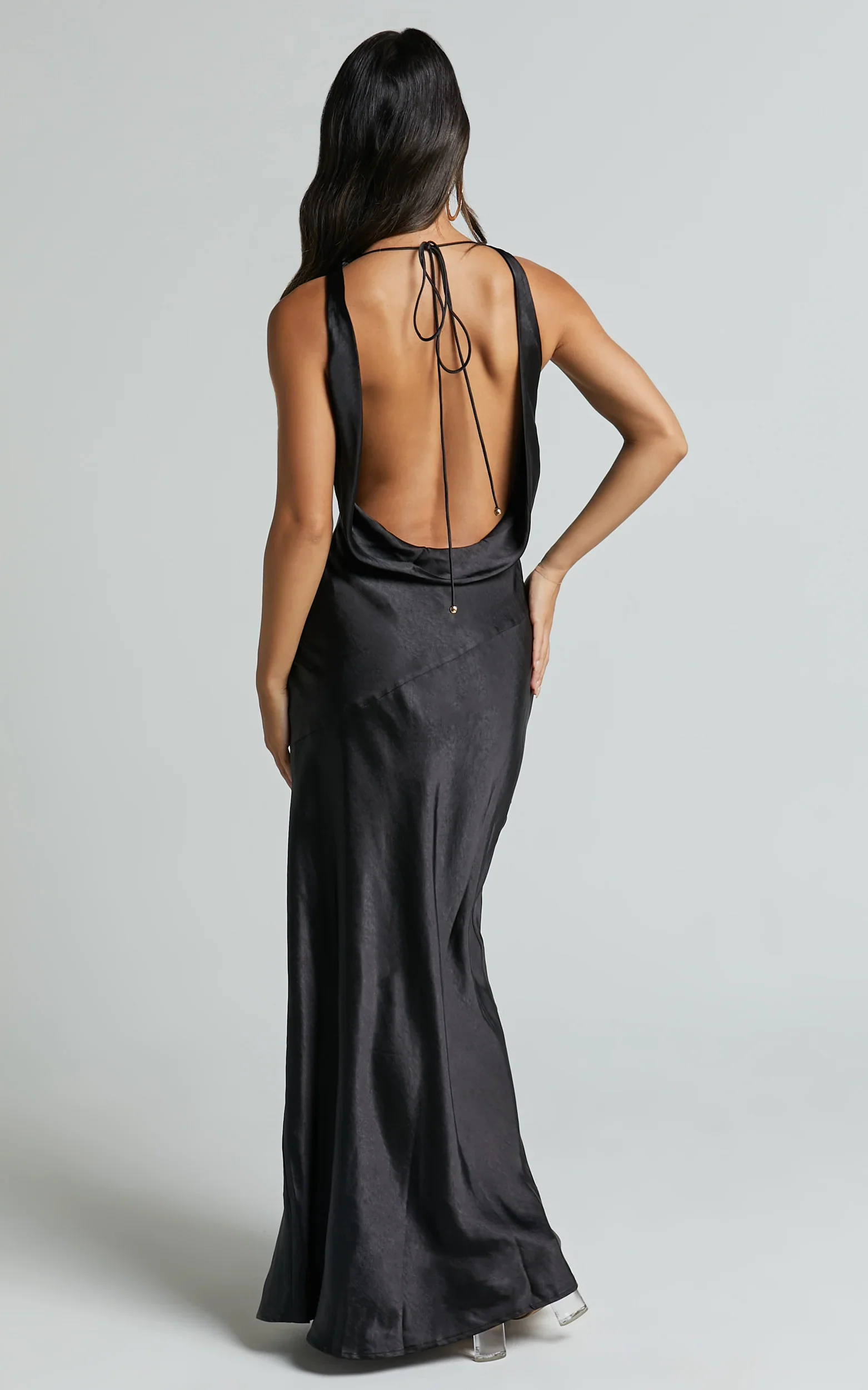 Adilah Maxi Dress - Cowl Neck Satin Dress in Black