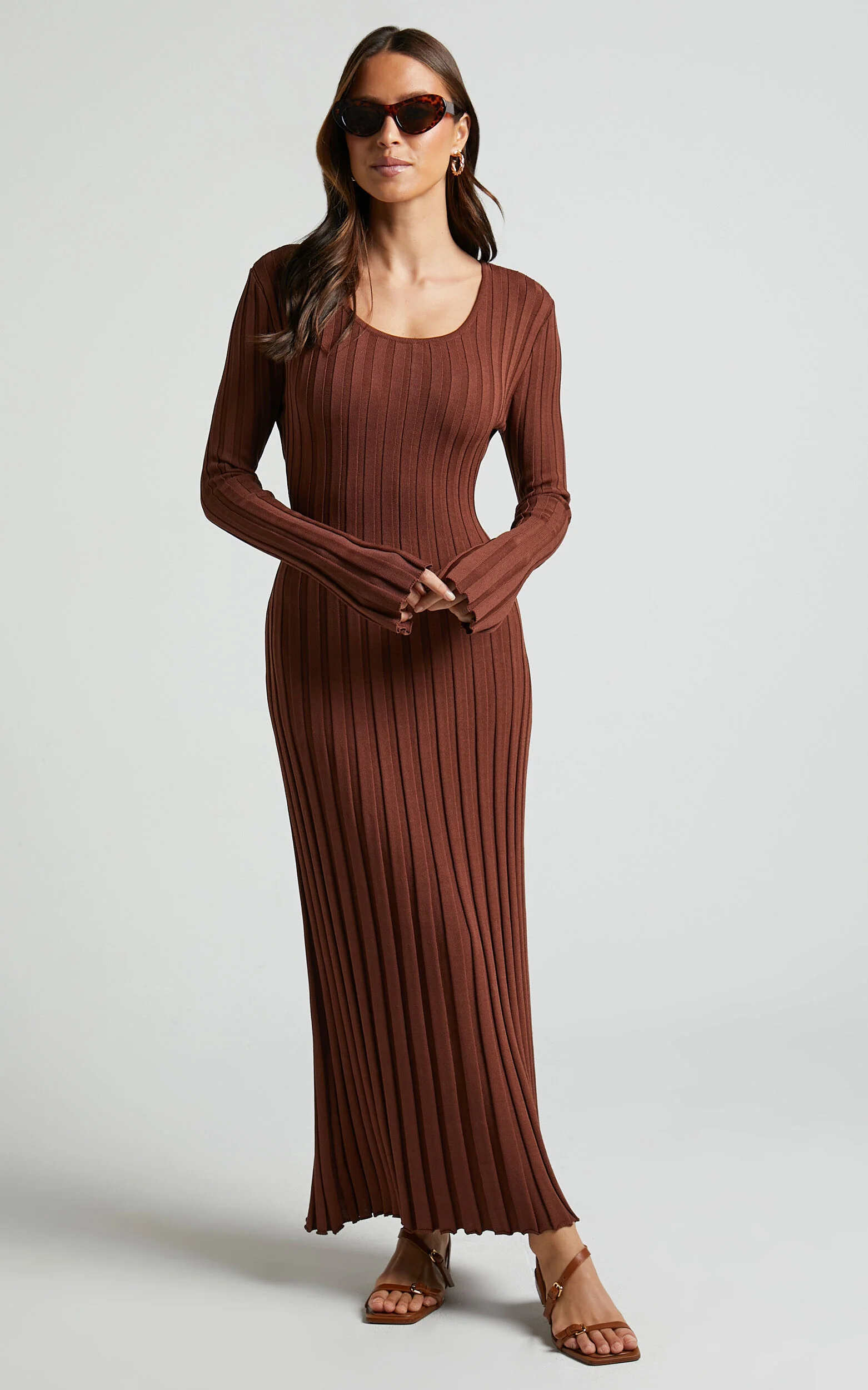 Blaire Midi Dress - Long Sleeve Tie Back Flare Dress in Chocolate