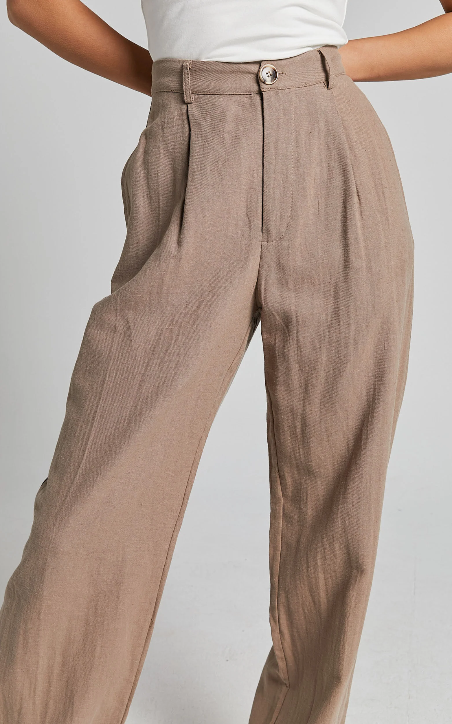 Larissa Trousers - Linen Mid Waisted Relaxed Straight Leg Trousers in Mushroom