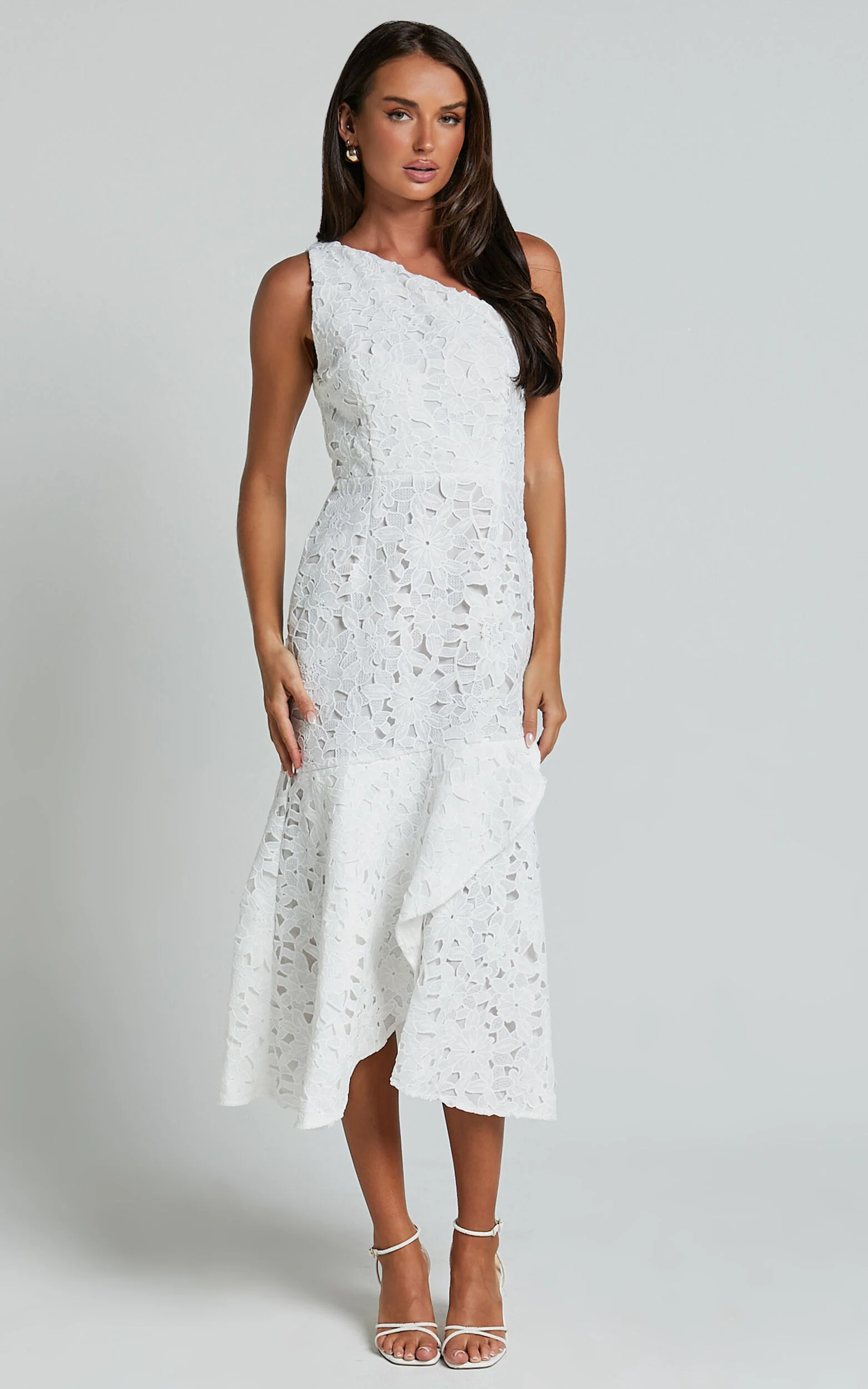 Beth Midi Dress - One Shoulder Ruffle Hem Lace Dress in White