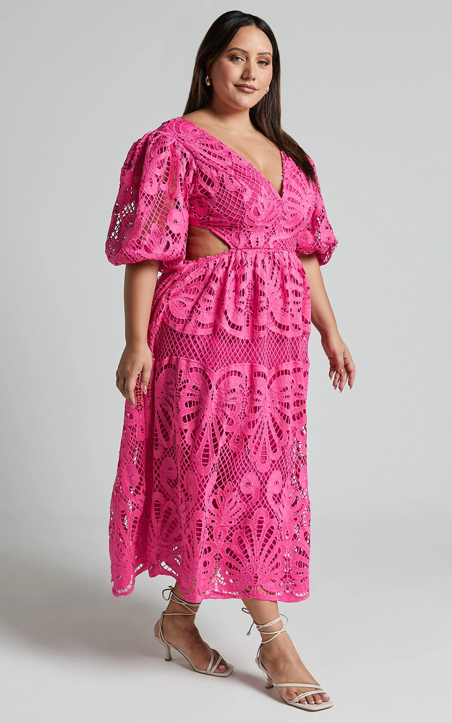 Anieshaya Midi Dress - V Neck Cut Out Lace Dress in Pink