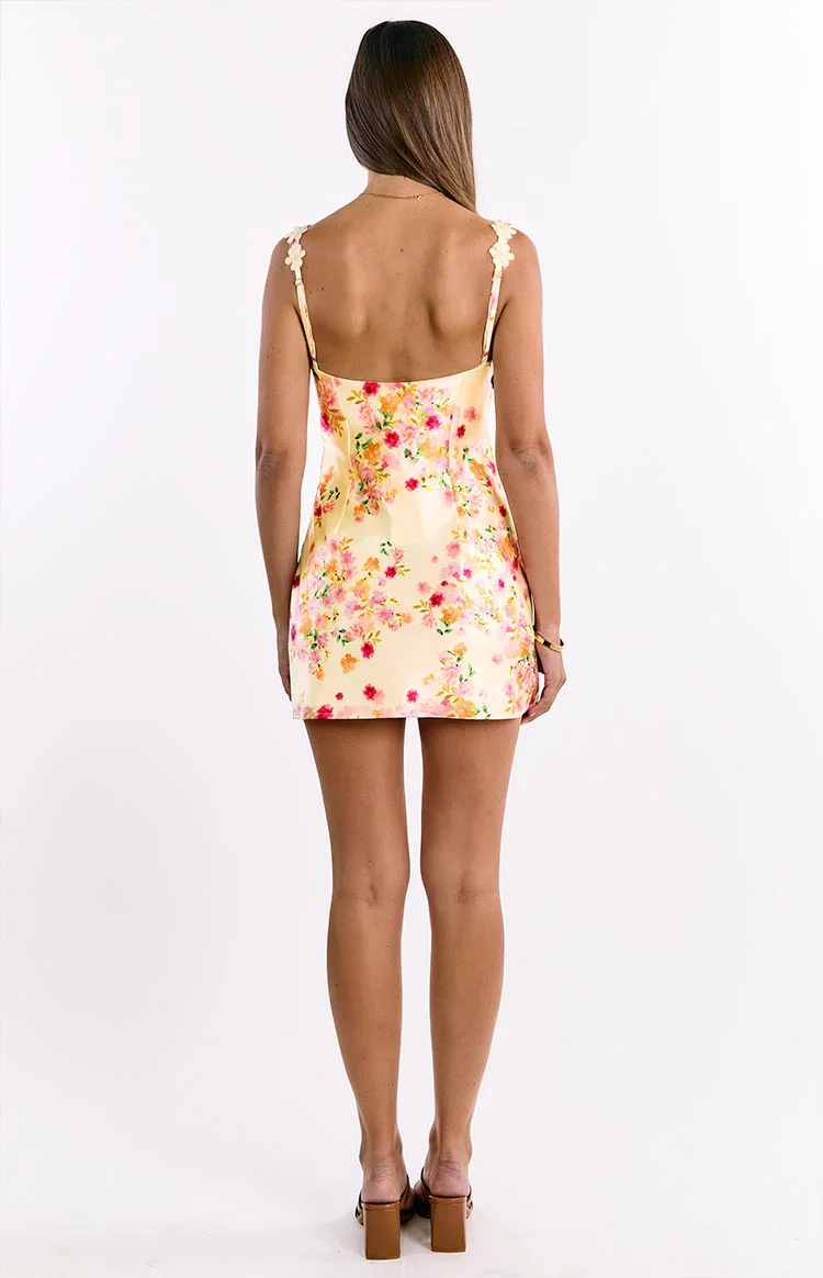 Marbelle Yellow Bloom Satin Mini Dress