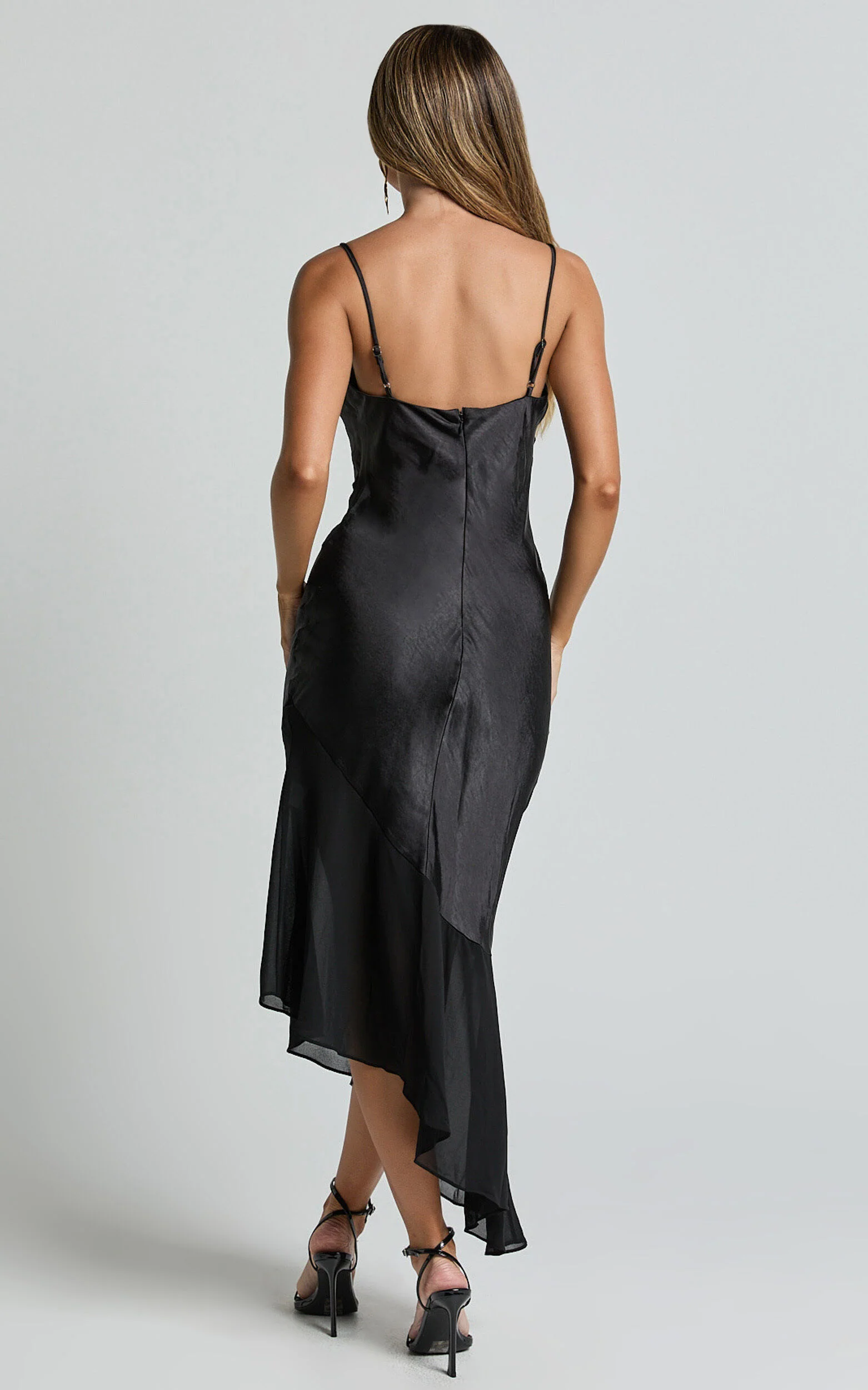 Sansa Midi Dress - Satin Cowl Neck Contrast Hem Asymmetrical Dress in Black