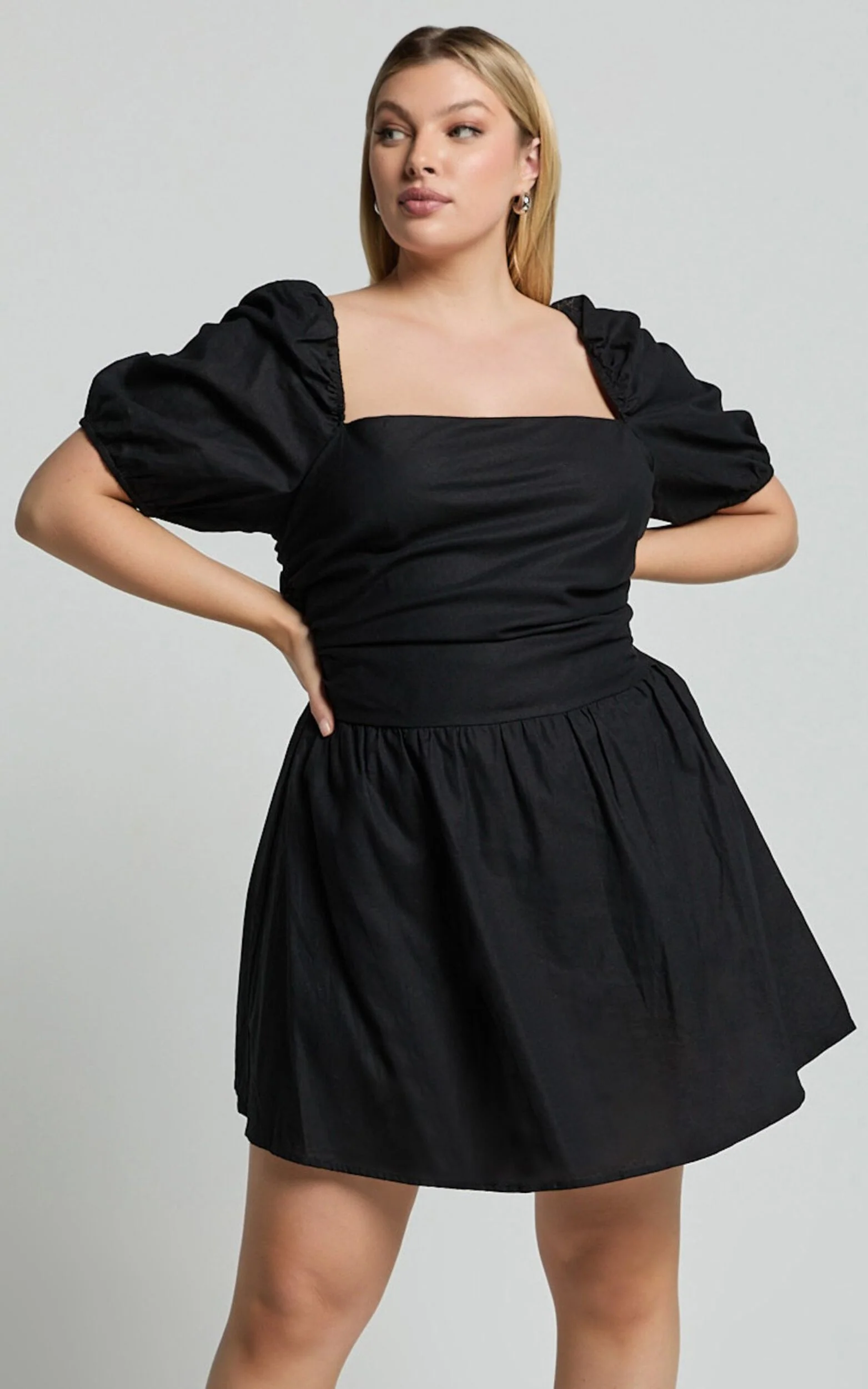 Claudina Mini Dress - Linen Look Puff Sleeve Ruched Bodice Dress in Black