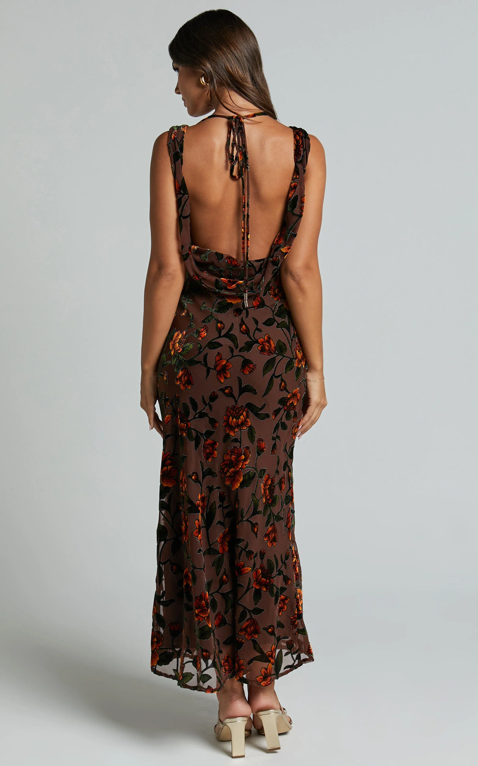 Stephania Midi Dress - Cowl Neck Low Back Burnout Slip Dress in Chocolate