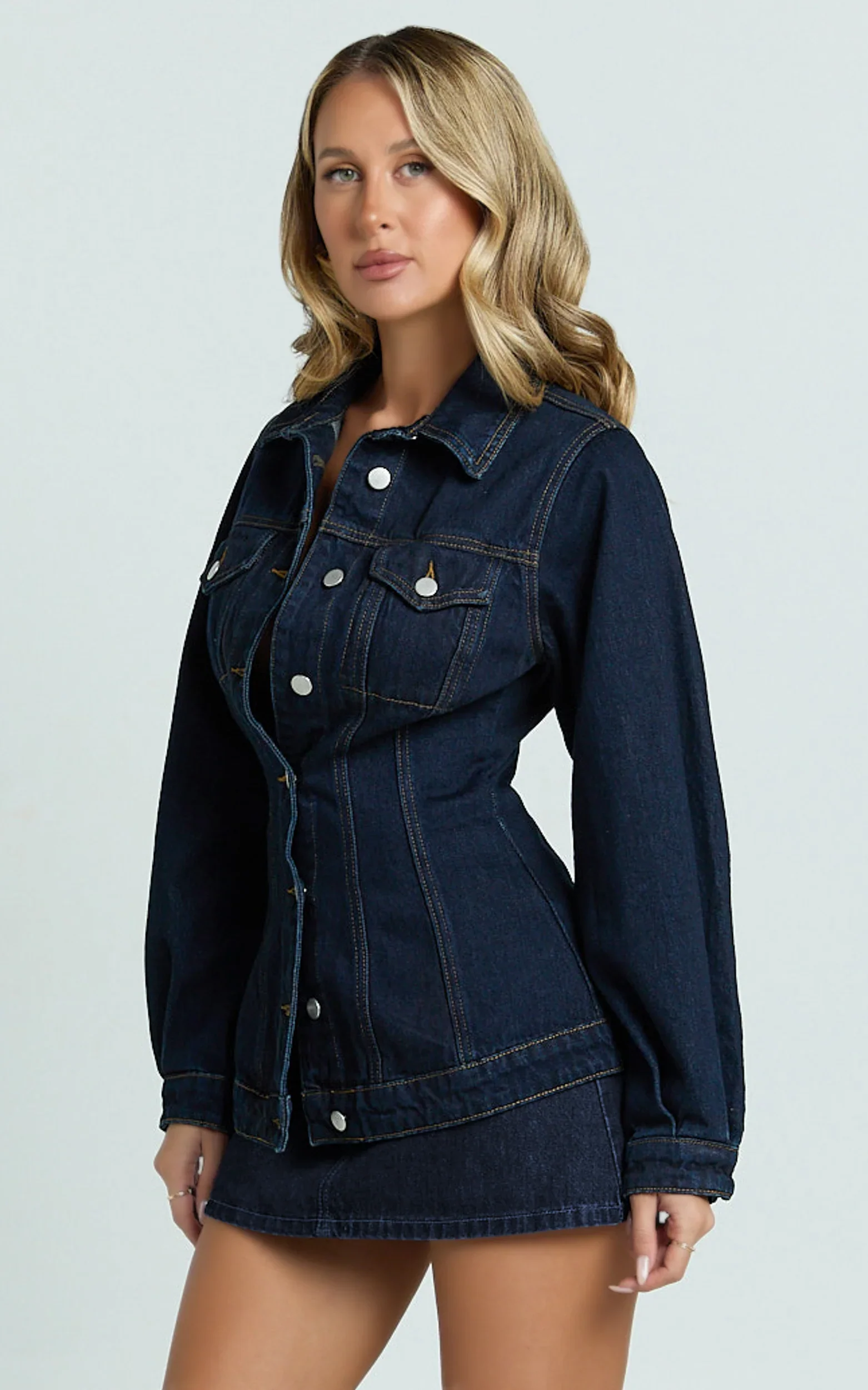 Tianna Jacket - Long Sleeve Contoured Recycled Denim Jacket in Indigo Wash