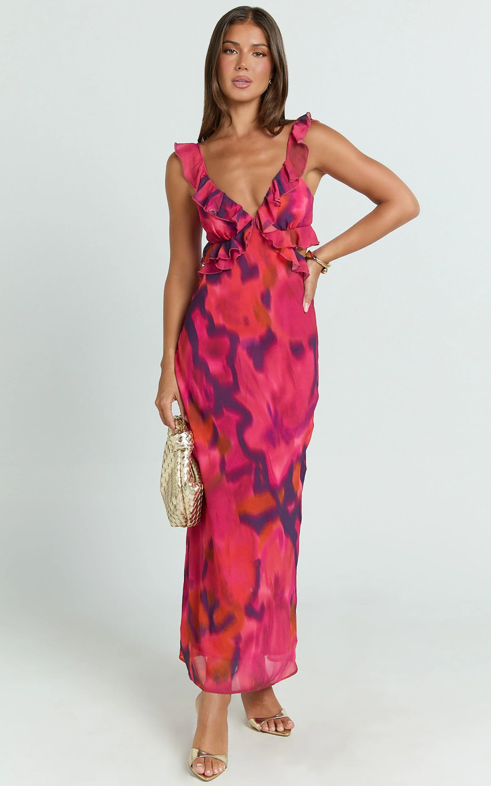 Alessa Maxi Dress - V Neck Frill Detail Empire Waist Back Cut Out Dress in Adeana Print