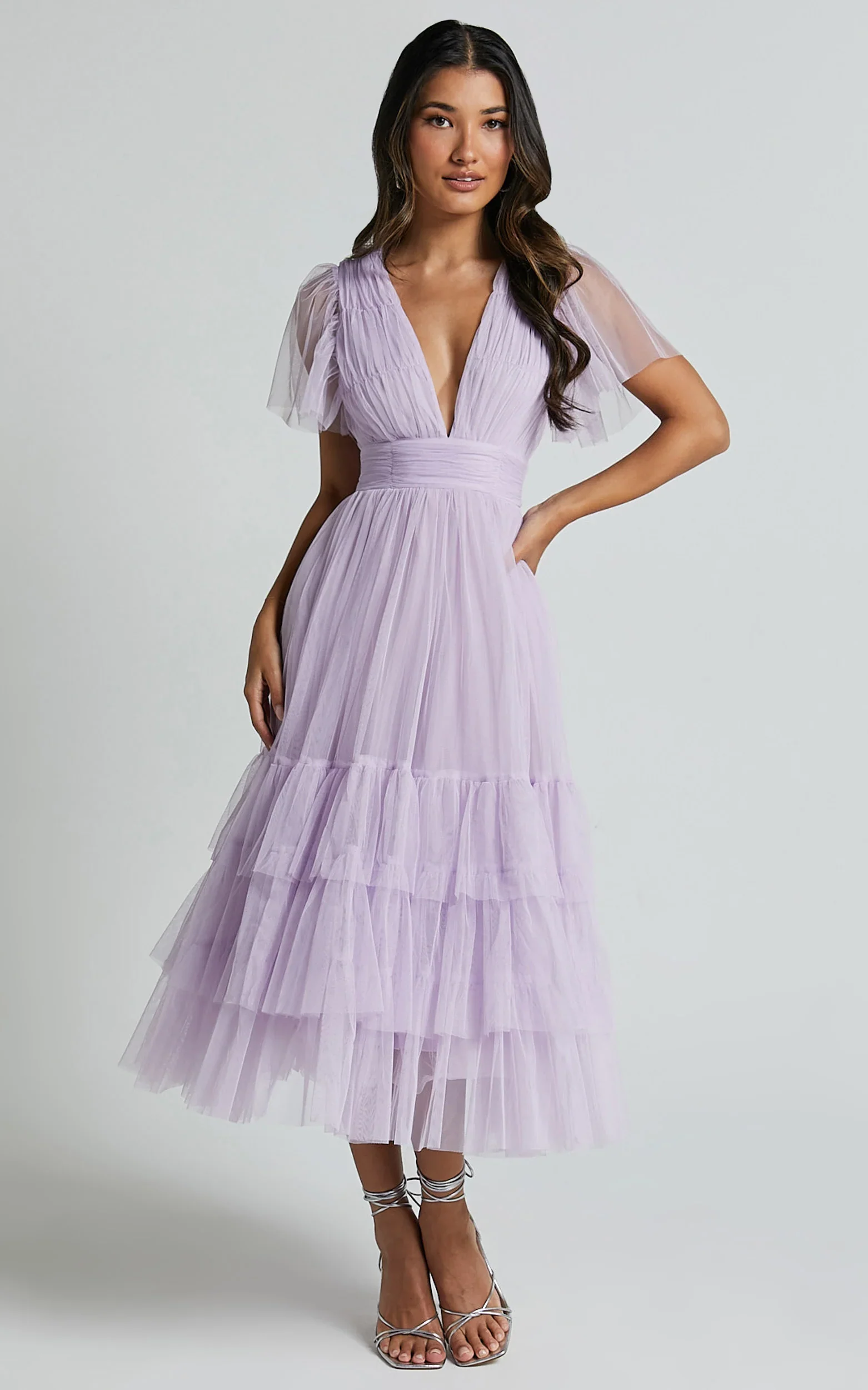 Jiraye Midi Dress - Flutter Sleeve Tuelle Plunge Dress in Lilac