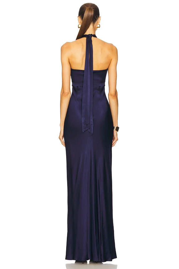 La Lune Ruched Halter Maxi Dress