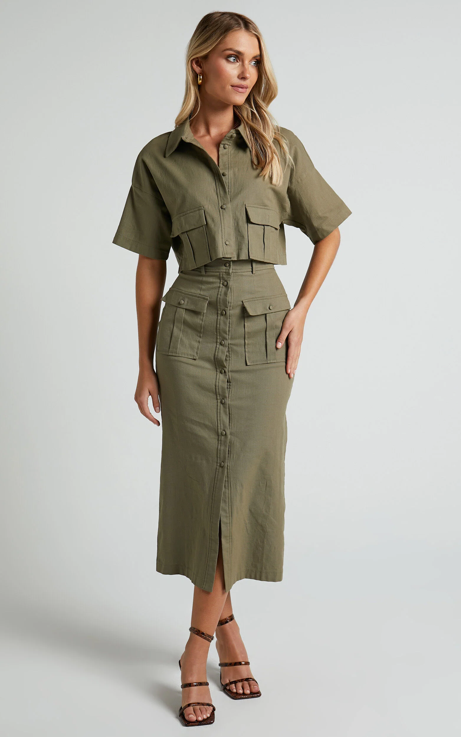 Davina Two Piece Set - Button Front Top and Midi Skirt Set in Khaki