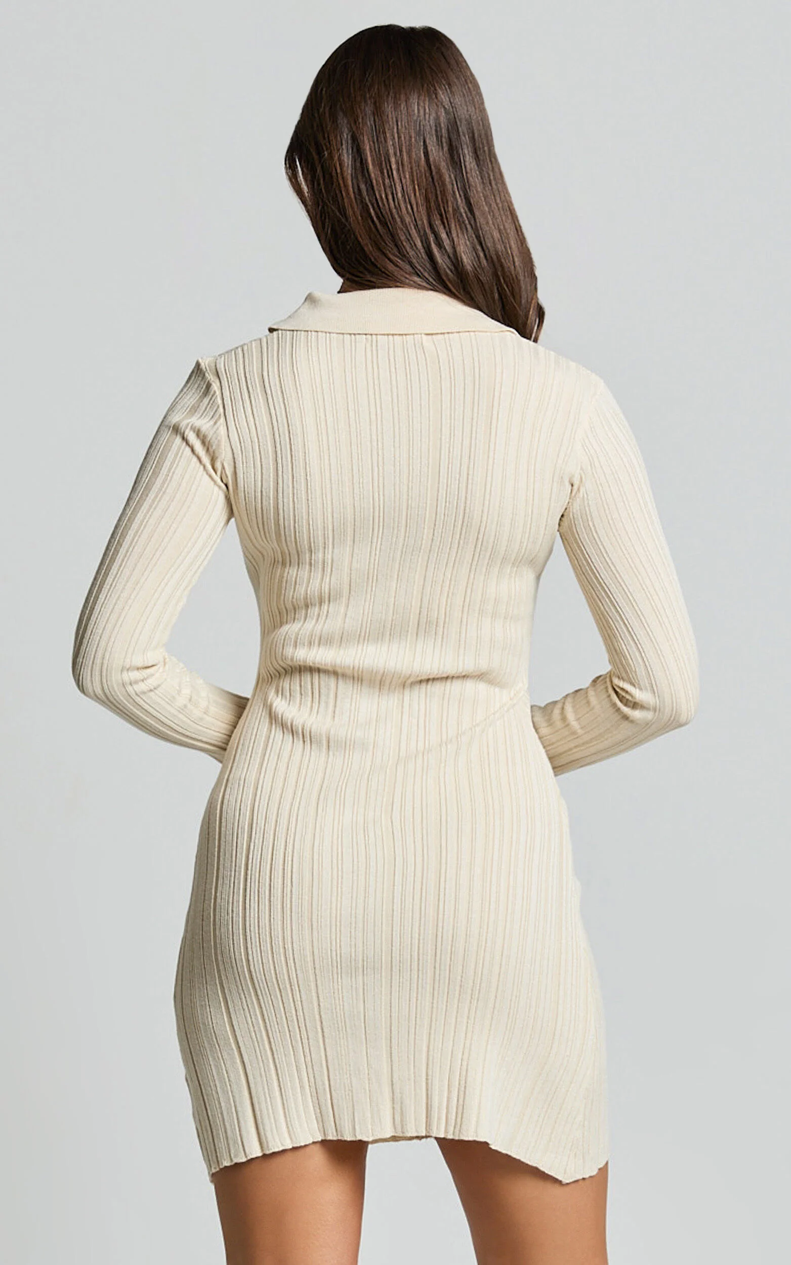 Kelsey Mini Dress - Button Through Long Sleeve Knit Dress in Cream