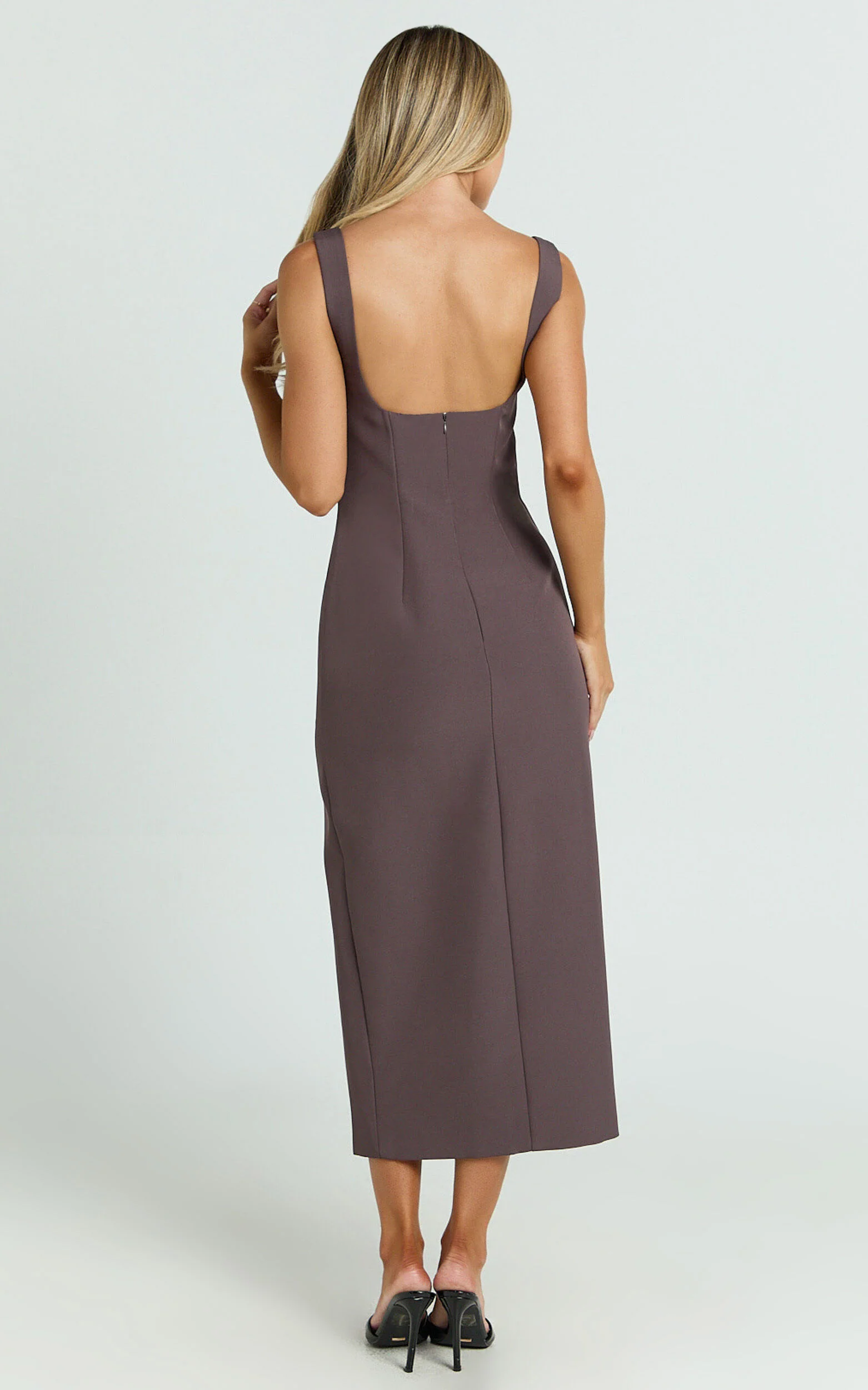 Aretha Midi Dress - Square Neckline High Split Dress in Mocha