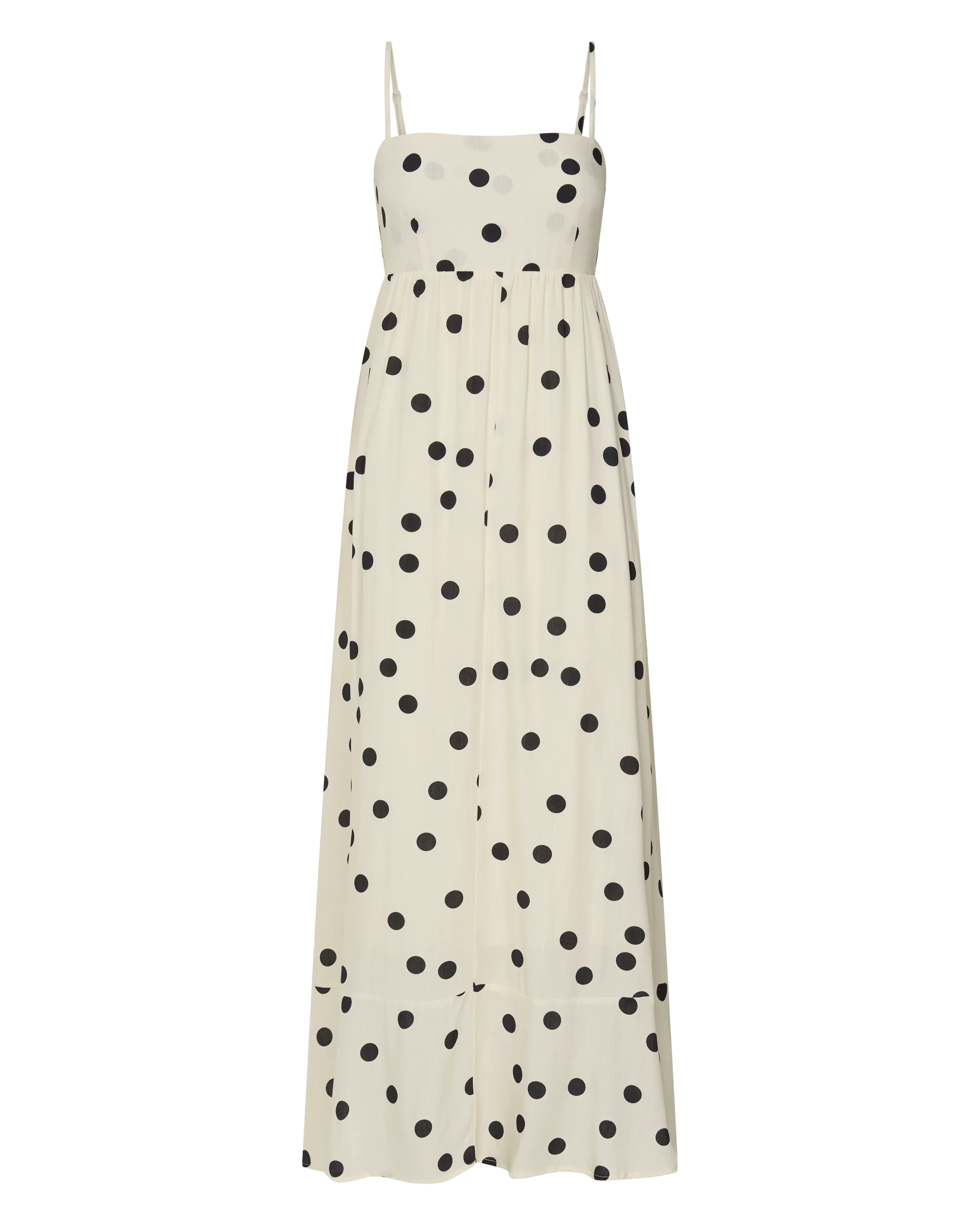 Miriam Midi Linen Dress - Strappy Straight Neck A Line Dress in Beige & Black Spot