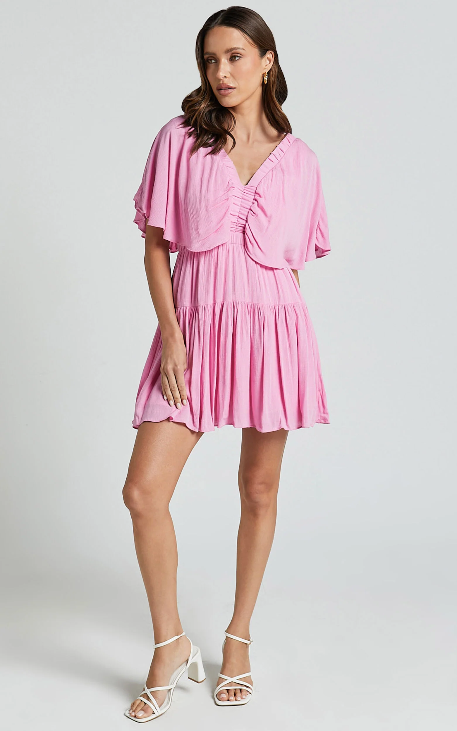 Heidi Mini Dress - Ruffle sleeve Tiered Dress in Pink
