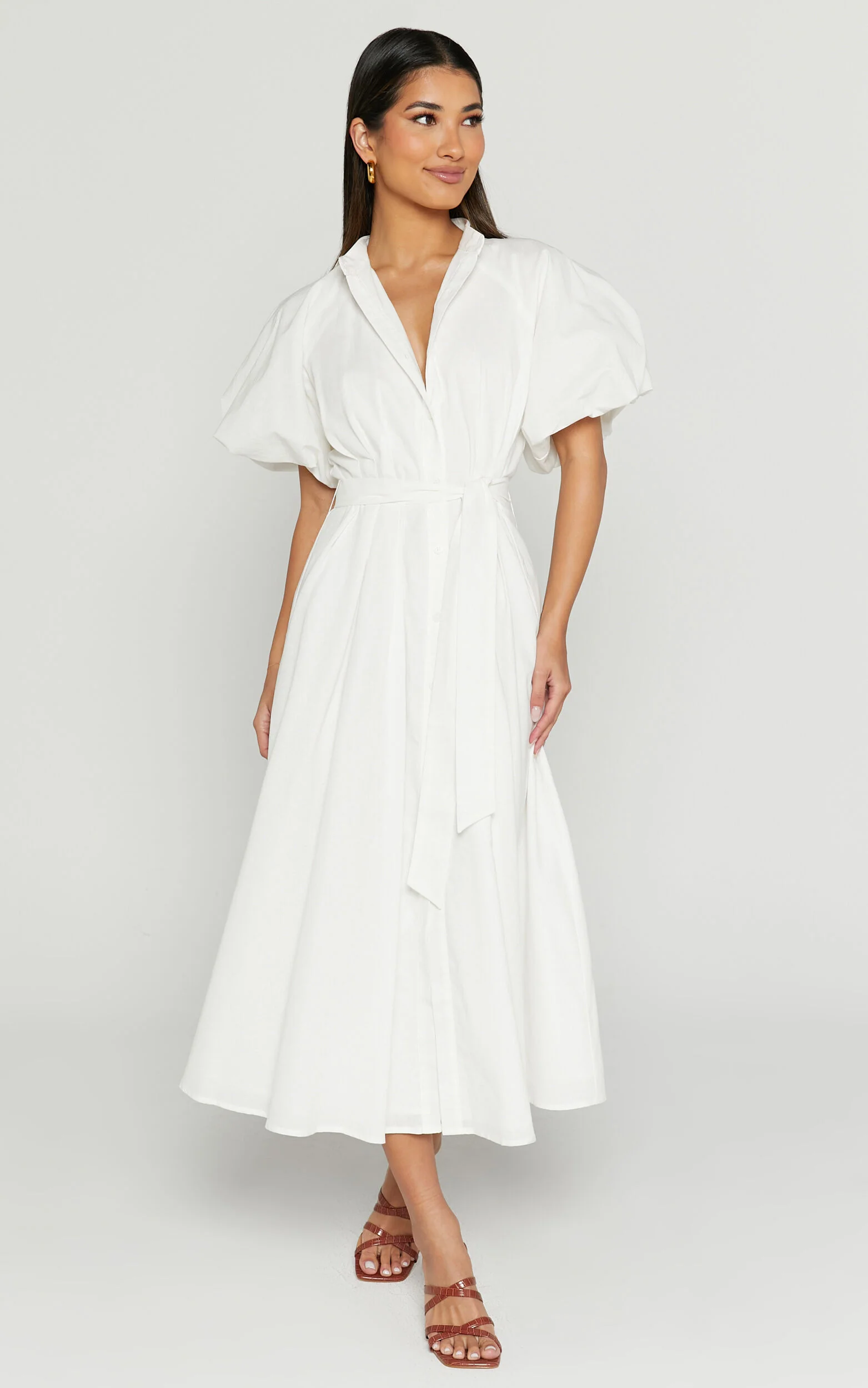 Sabrina Midi Dress - Linen Raglan Sleeve Belted Dress in White