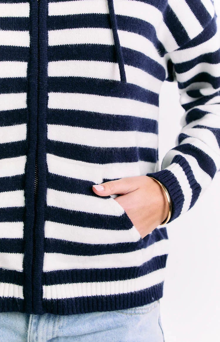 Mollie Navy Stripe Knit Zip Sweater