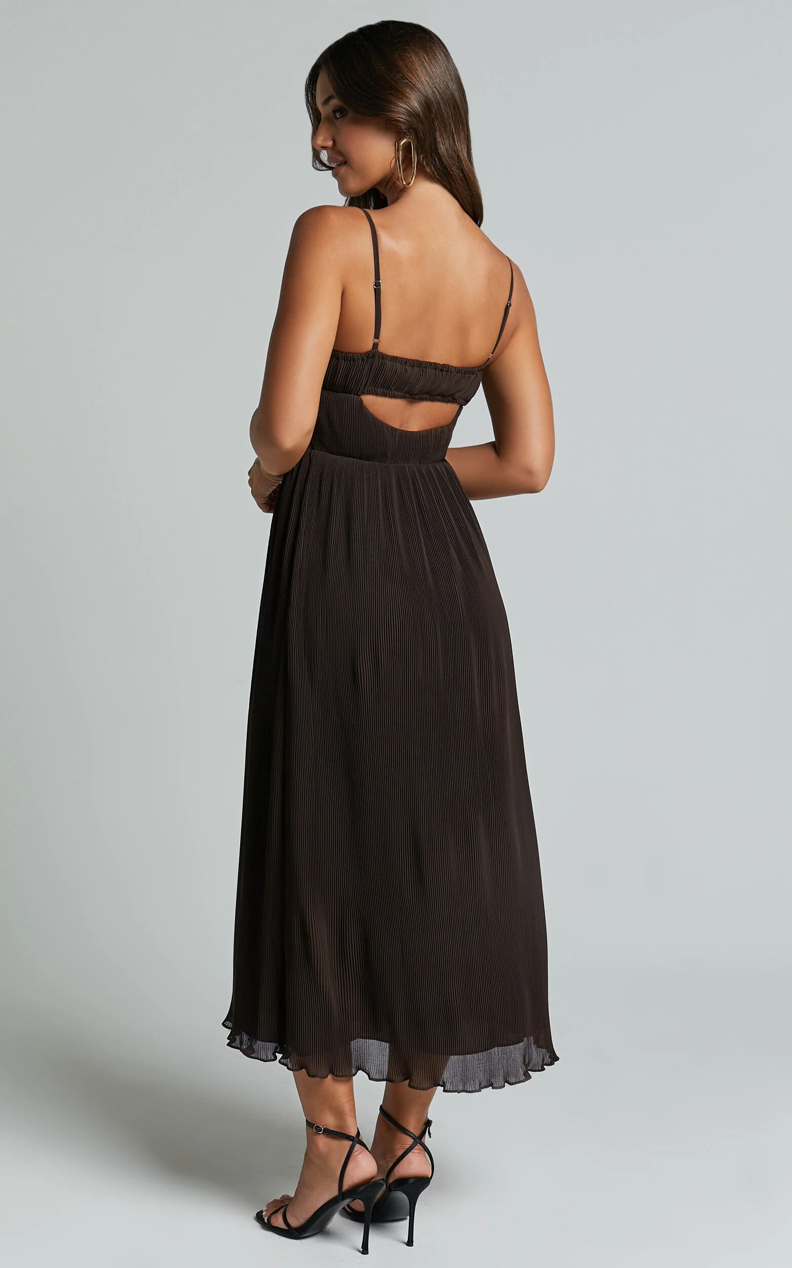 Ezri Midi Dress - Strappy Cut Out Pleated A Line Dress in Chocolate
