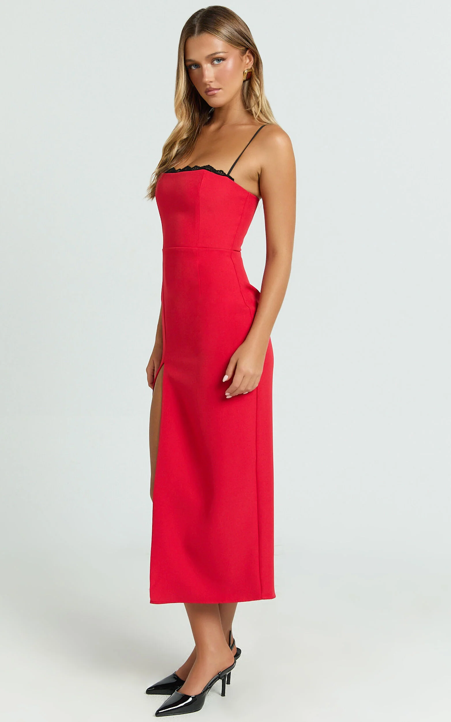 Richelle Midi Dress - Strappy Contrast Lace Straight Neck Fitted Side Leg Split Dress in Red