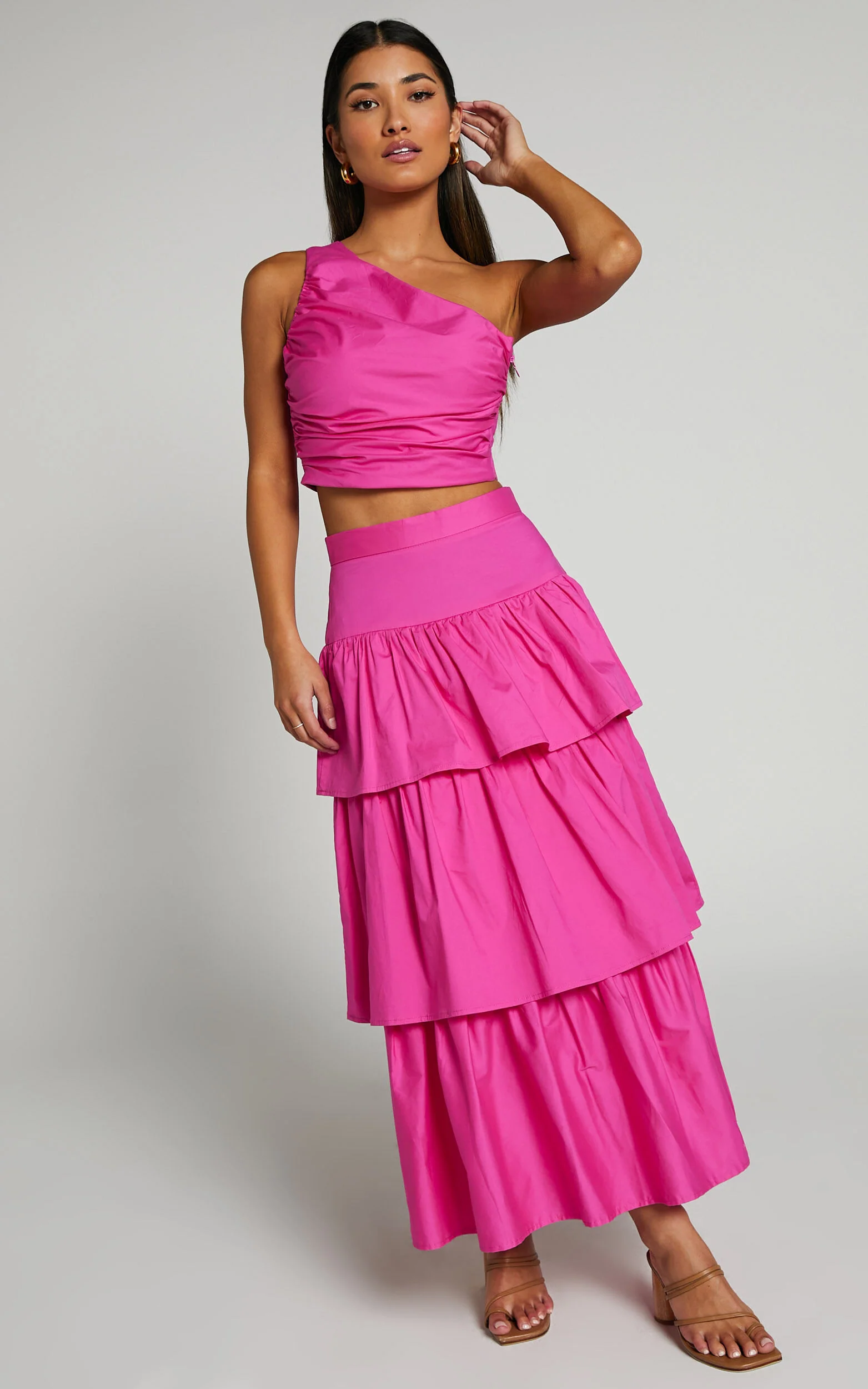 Kaycie Two Piece Set - One Shoulder Asymmetrical Ruched Top and Tiered Midi Skirt Set in Pink
