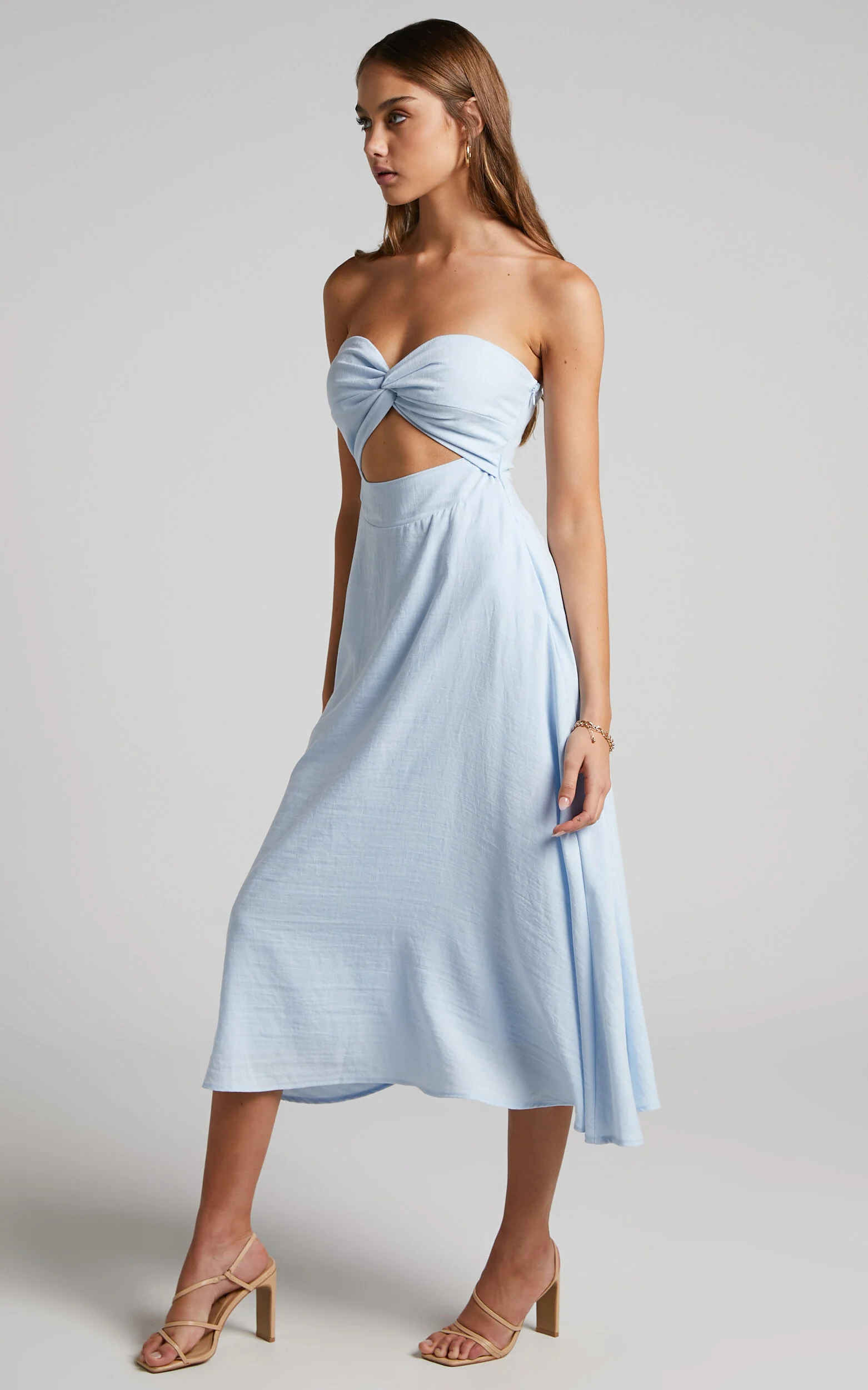 Avie Midi Dress - Twist Strapless Cocktail Dress in Ice Blue