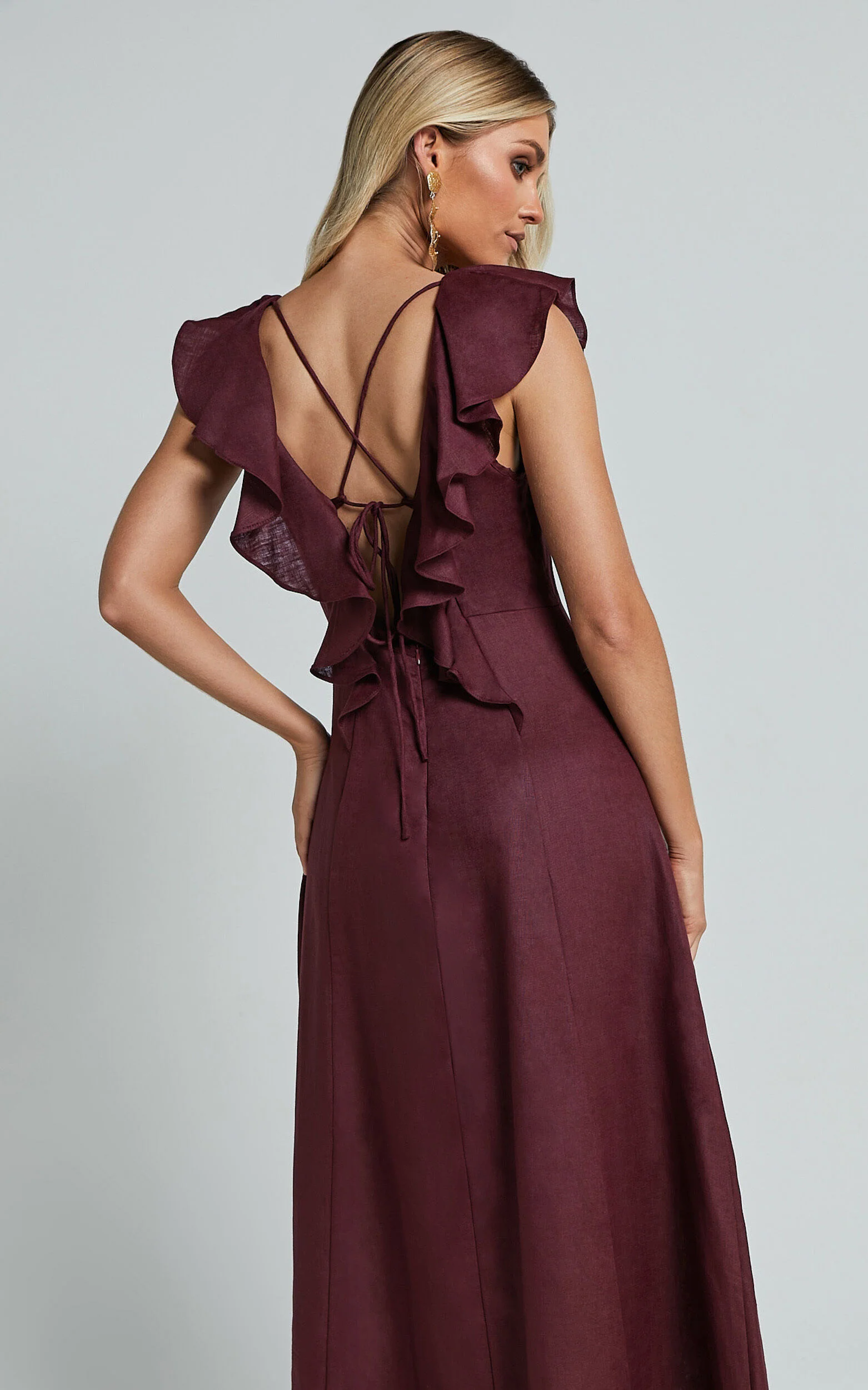 Amalie The Label - Penelope Linen Flutter Sleeve Low Back Maxi Linen Dress in Wine
