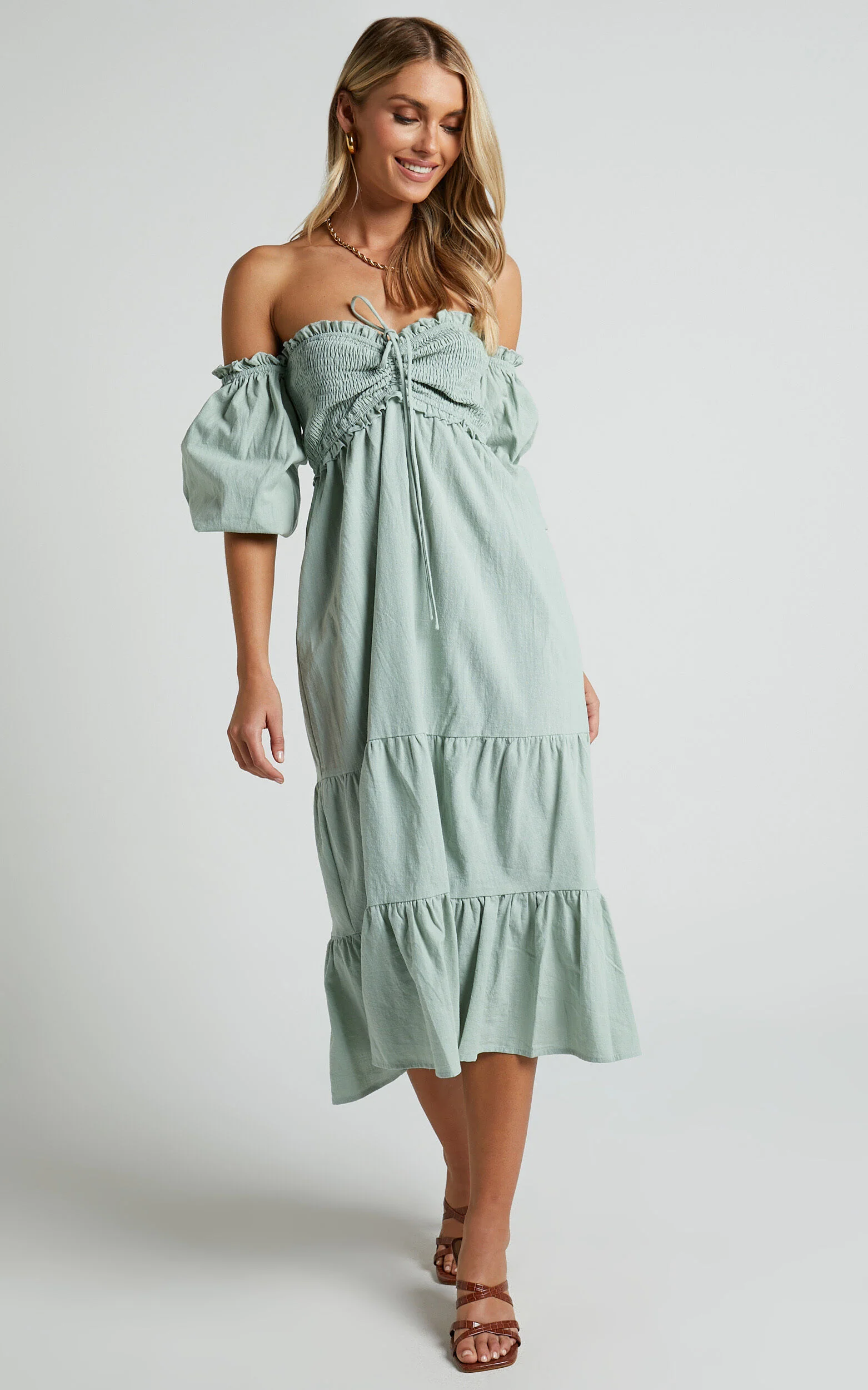 Nikka Midi Linen Dress - Shirred Off Shoulder Puff Sleeve Dress in Sage