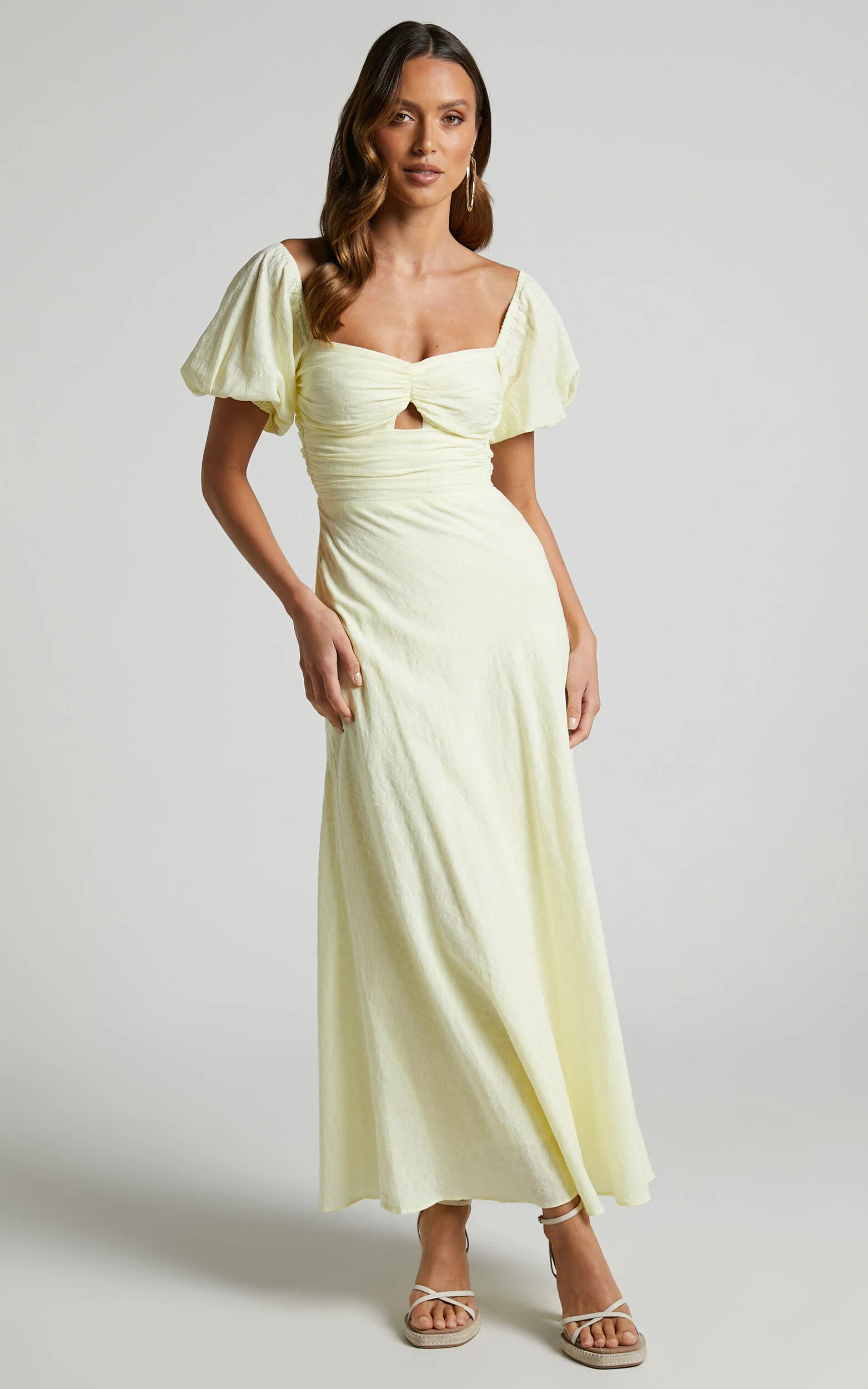 Vynna Midi Dress - Scoop Neck Puff Sleeve Ruched Bust A Line Dress in Butter Yellow
