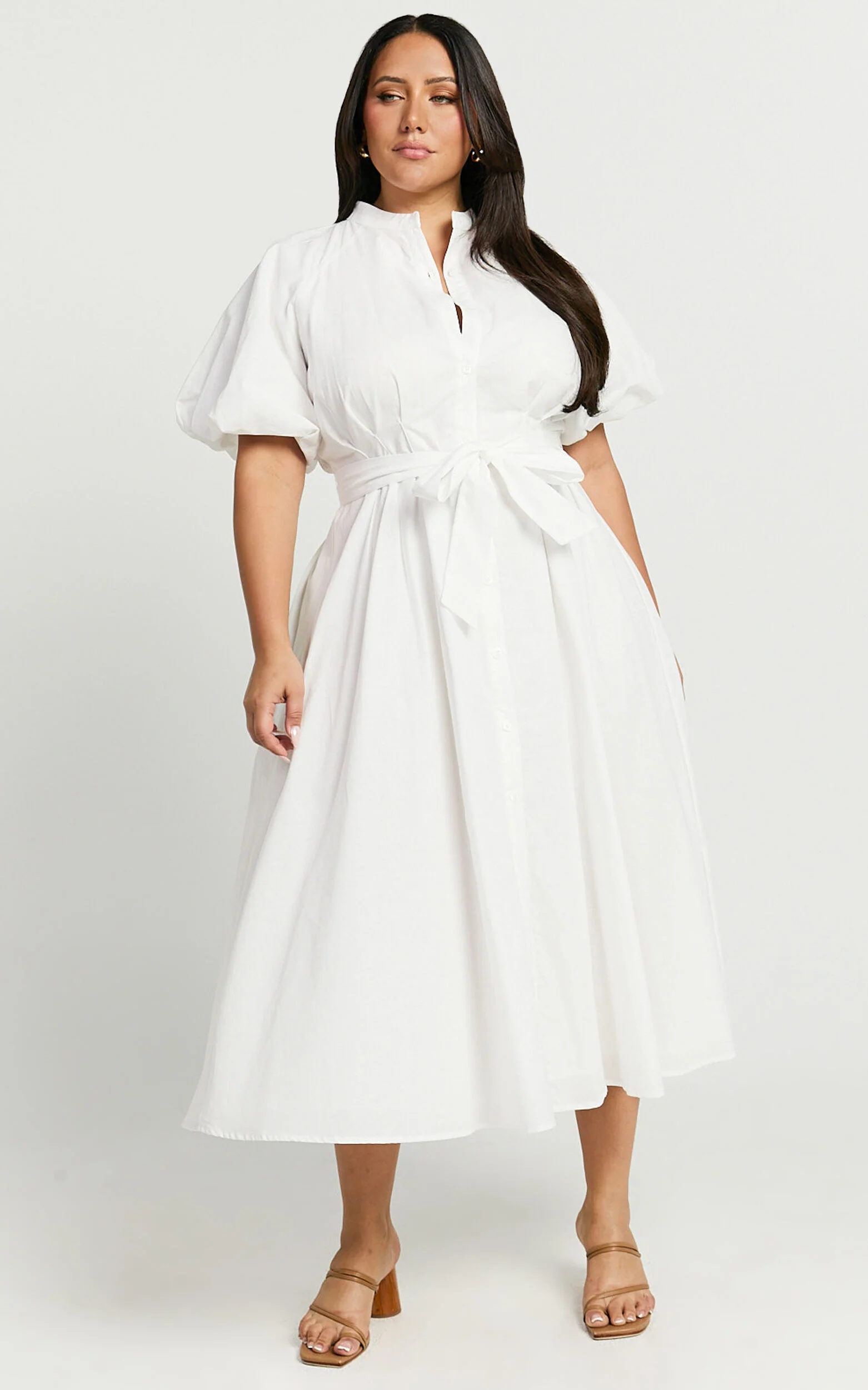 Sabrina Midi Dress - Linen Raglan Sleeve Belted Dress in White