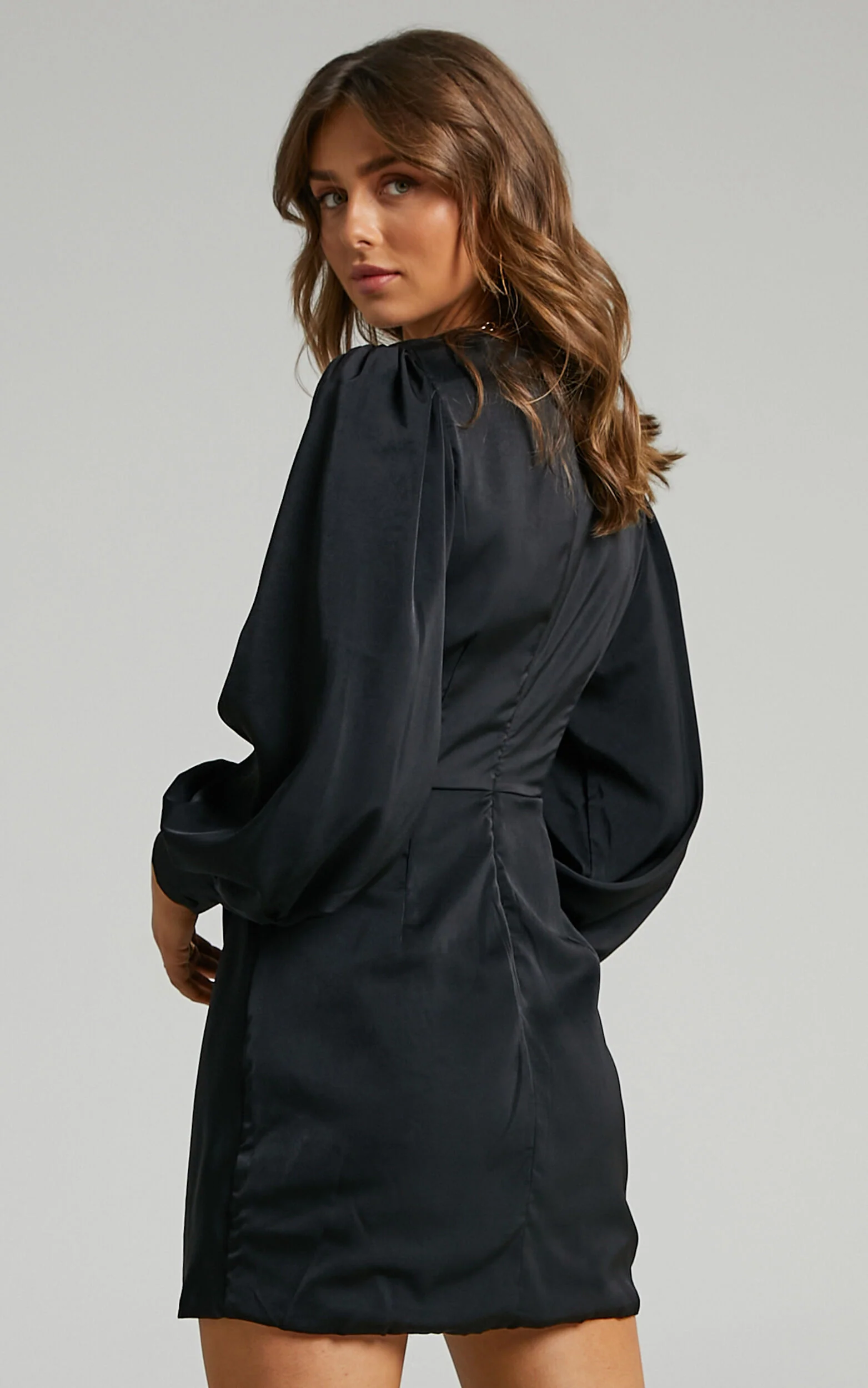 Billie Mini Dress - Twist Front Long Puff Sleeves Dress in Black