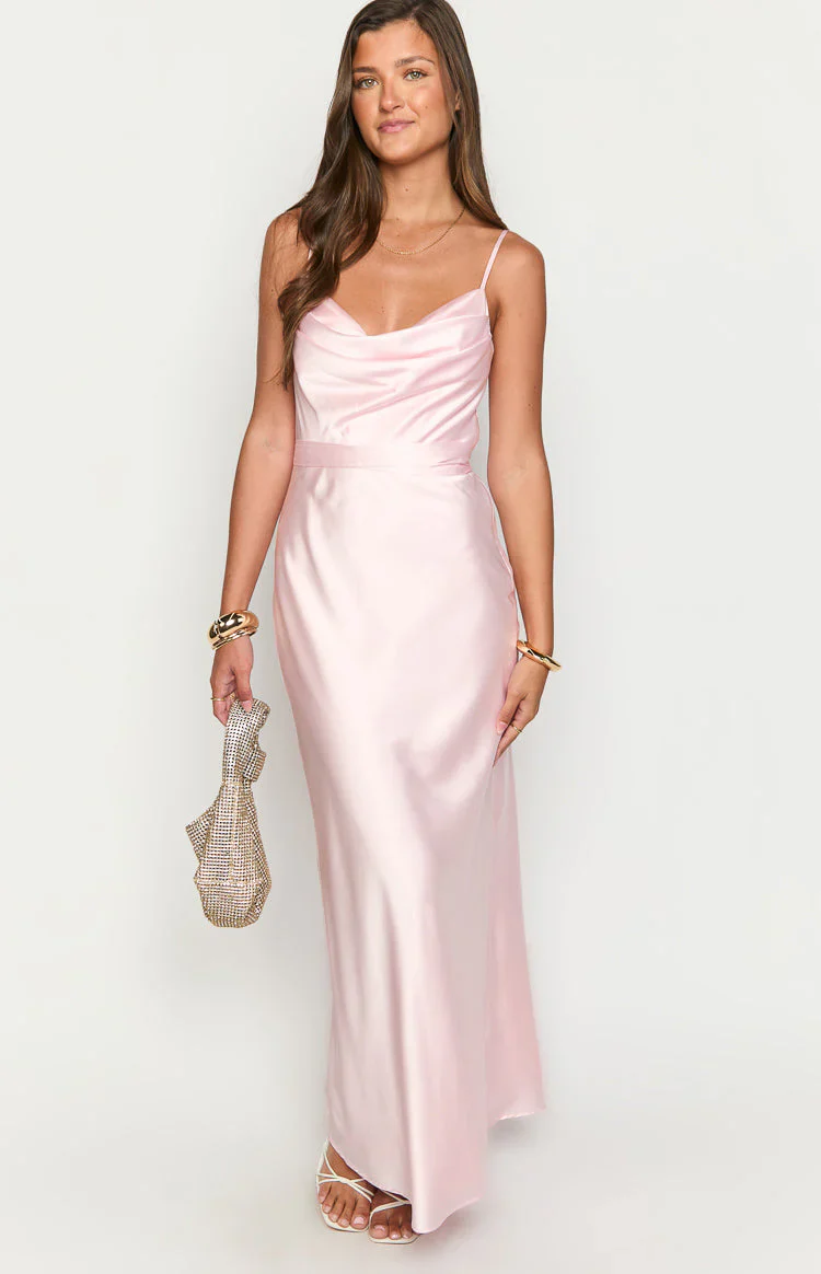 Elma Pink Satin Wrap Tie Maxi Dress