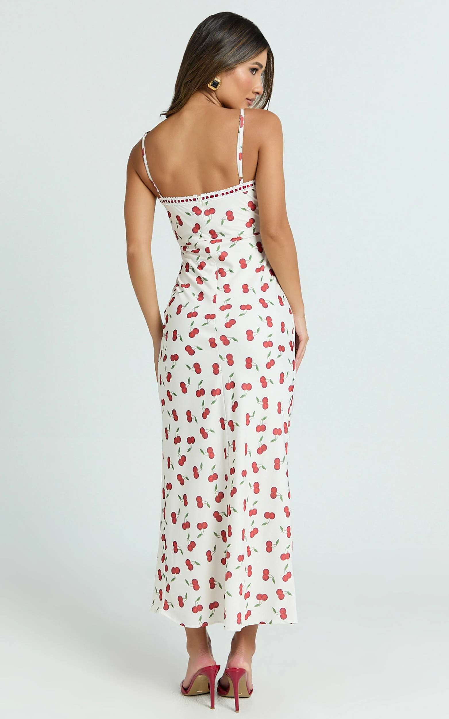 Bailey Midi Dress - Recycled Cherry Print Lace Trim Bias Cut Slip Dress in Blushing Cherries Print
