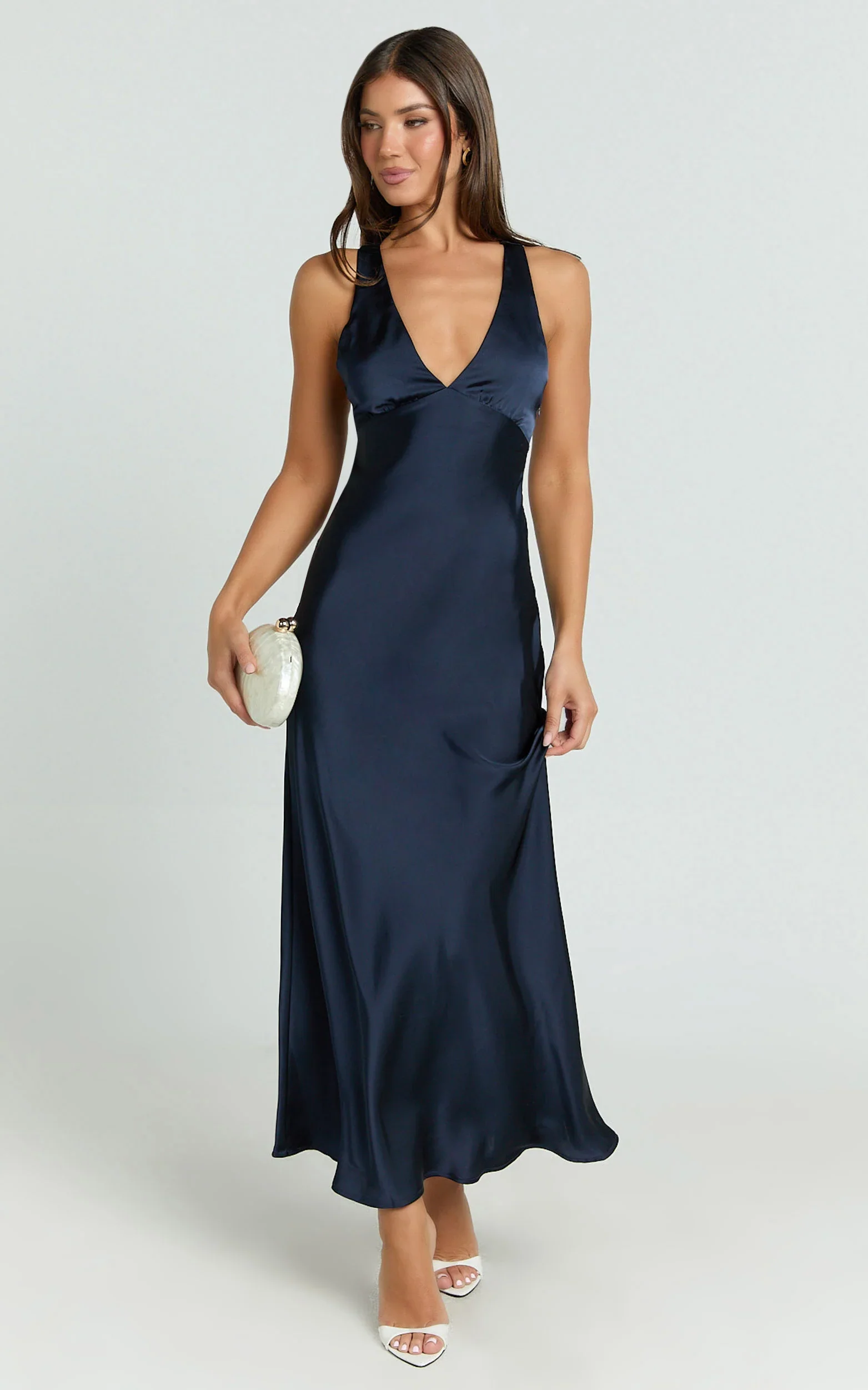 Khalani Midi Dress - Deep V Neck Satin Slip Dress in Navy