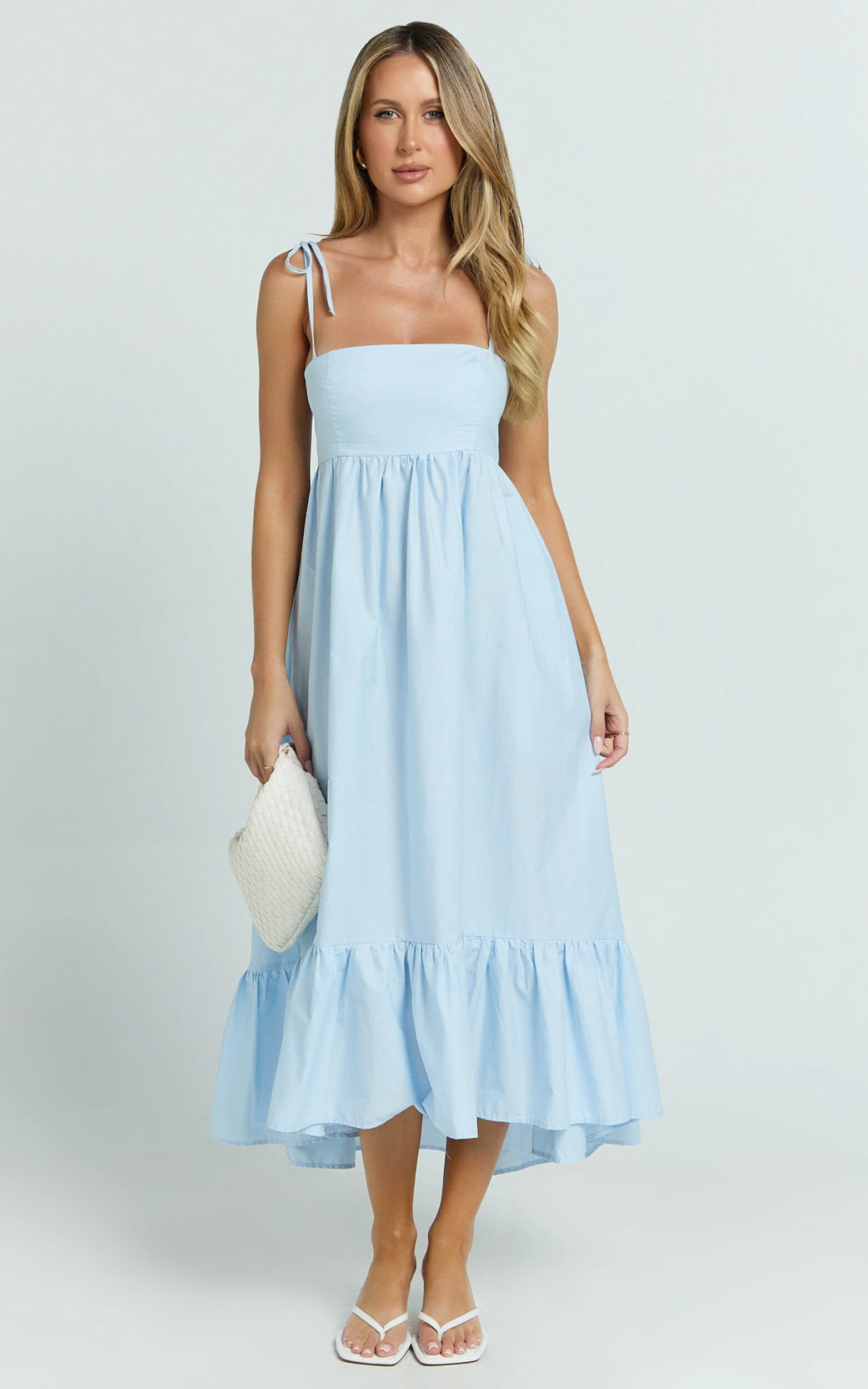 Aveiro Midi Dress - Straight Neck Shoulder Tie High Low Ruffle Hem in Soft Blue
