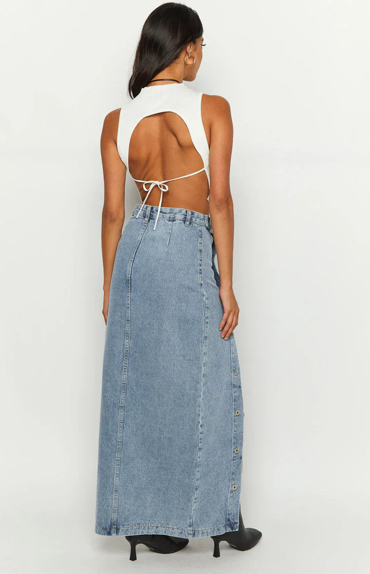 Fazio Button Side Denim Maxi Skirt