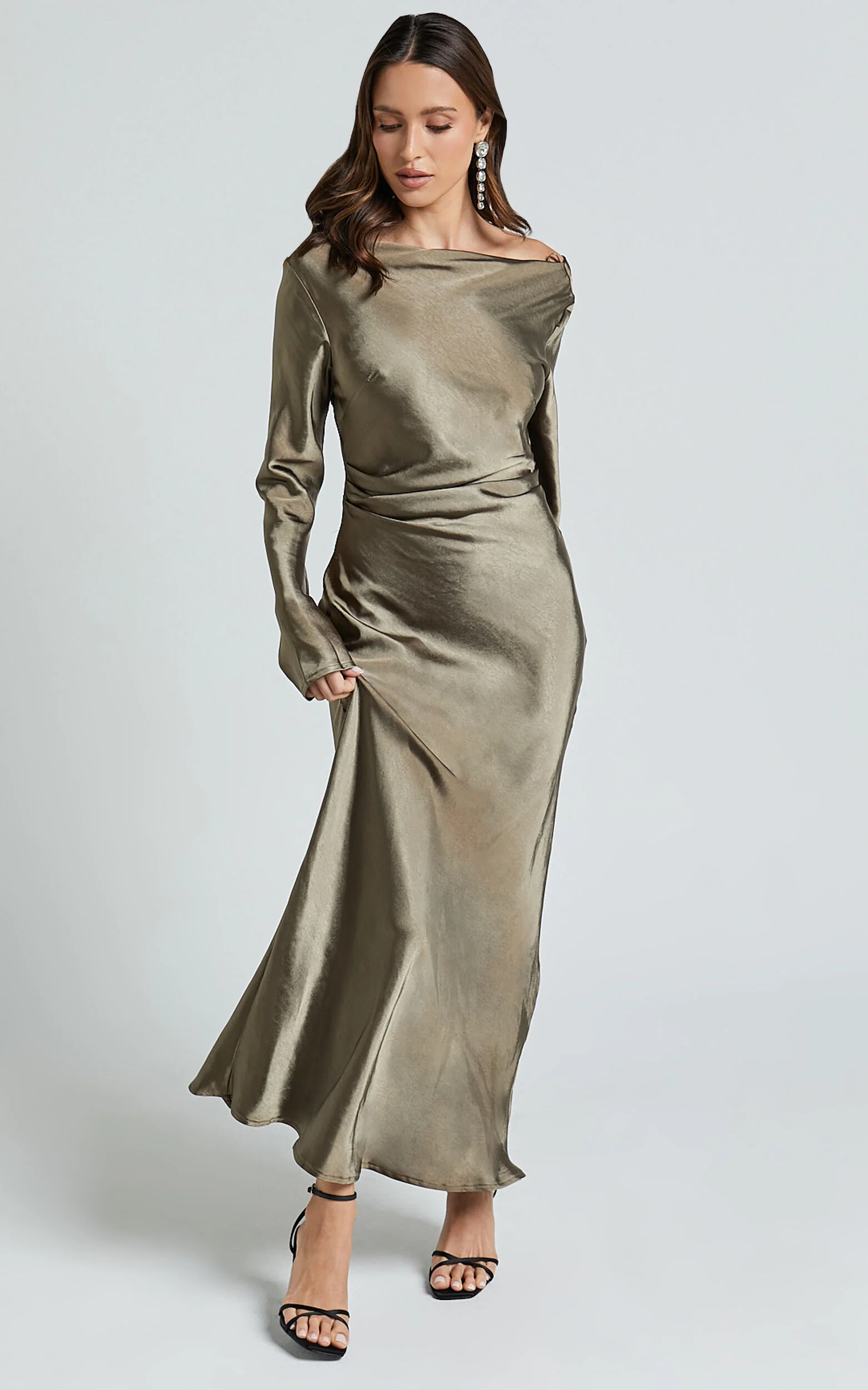 Arriana Midi Dress - Long Sleeve Cowl Back Satin Dress in Dark Olive