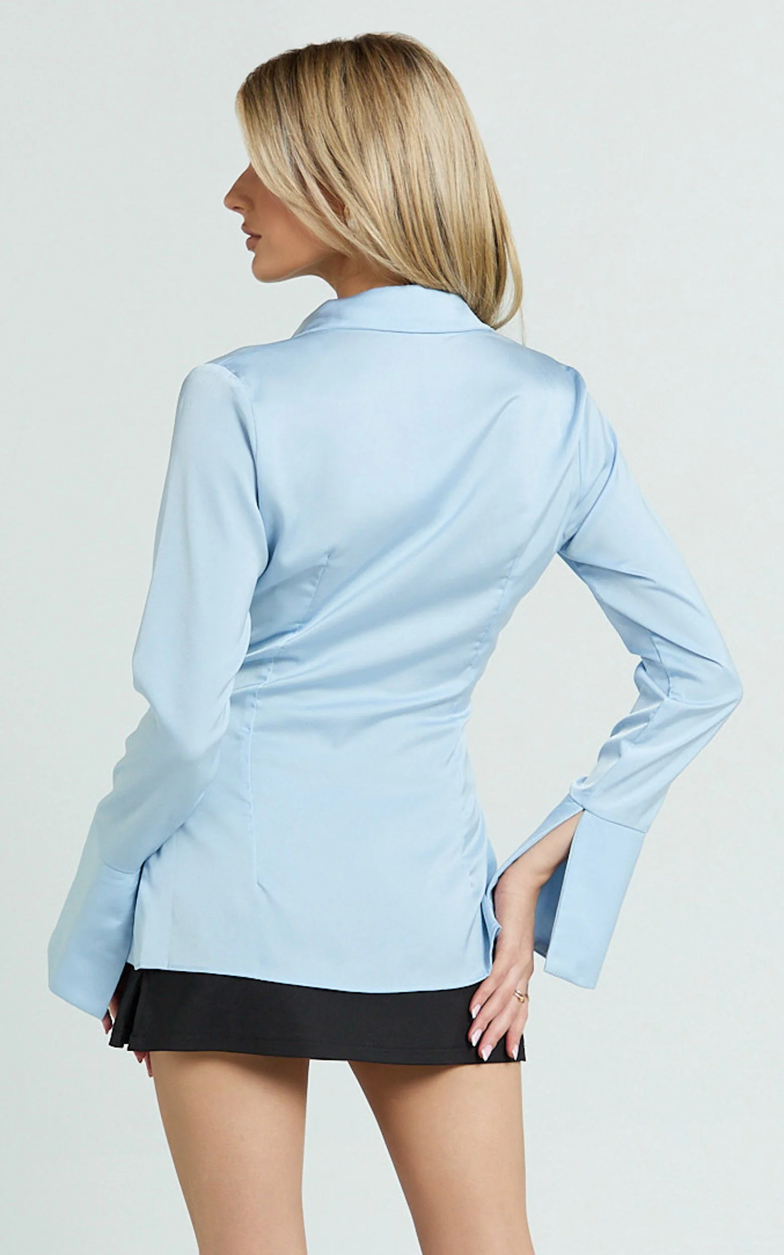 Natalie Top - Button Up Flared Sleeve Shirt in Light Blue