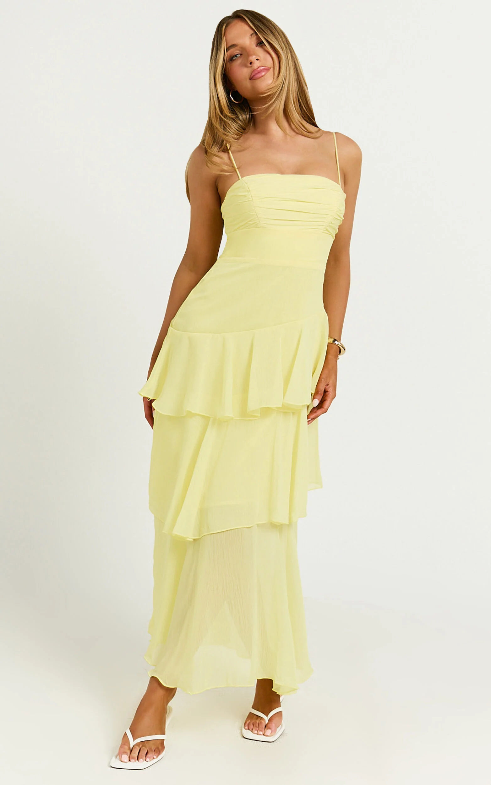 Johanna Midi Dress - Straight Neck Tiered Dress in Lemon