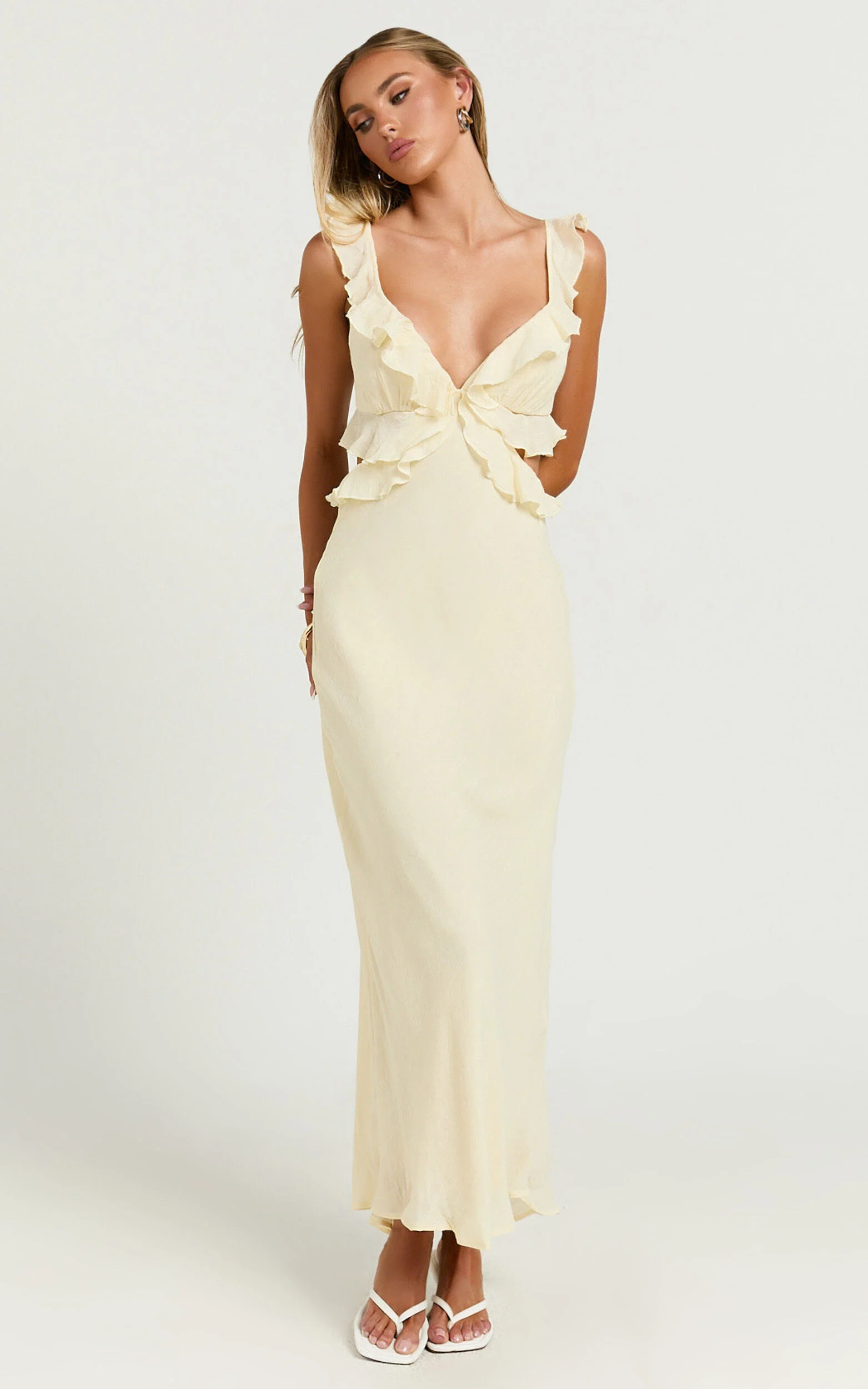 Dahlia Midi Dress - Ruffle Details Slip Dress in Lemon