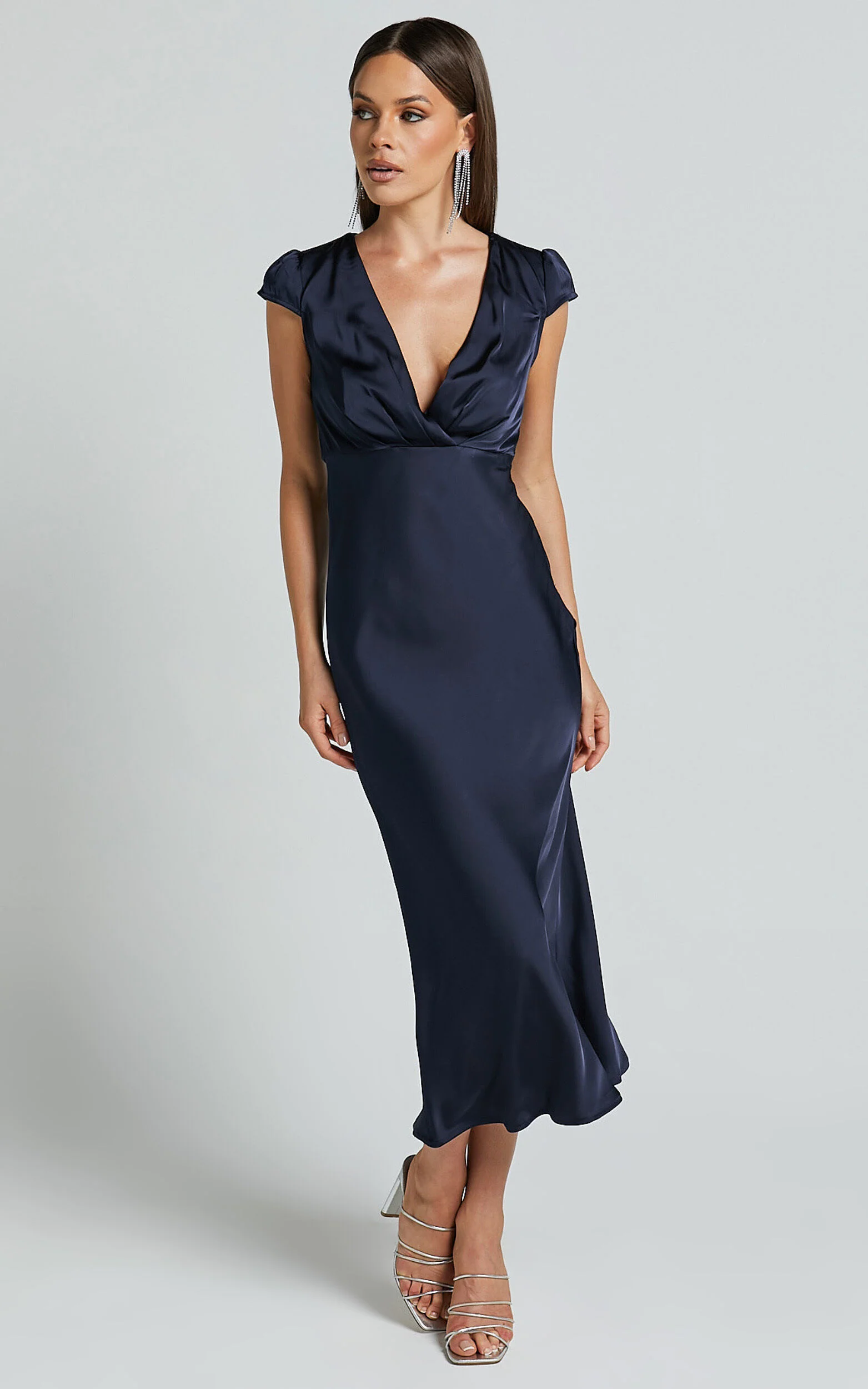 Marleen Midi Dress - Wrap Front Cap Sleeve Satin Bias Cut Dress in Midnight Blue