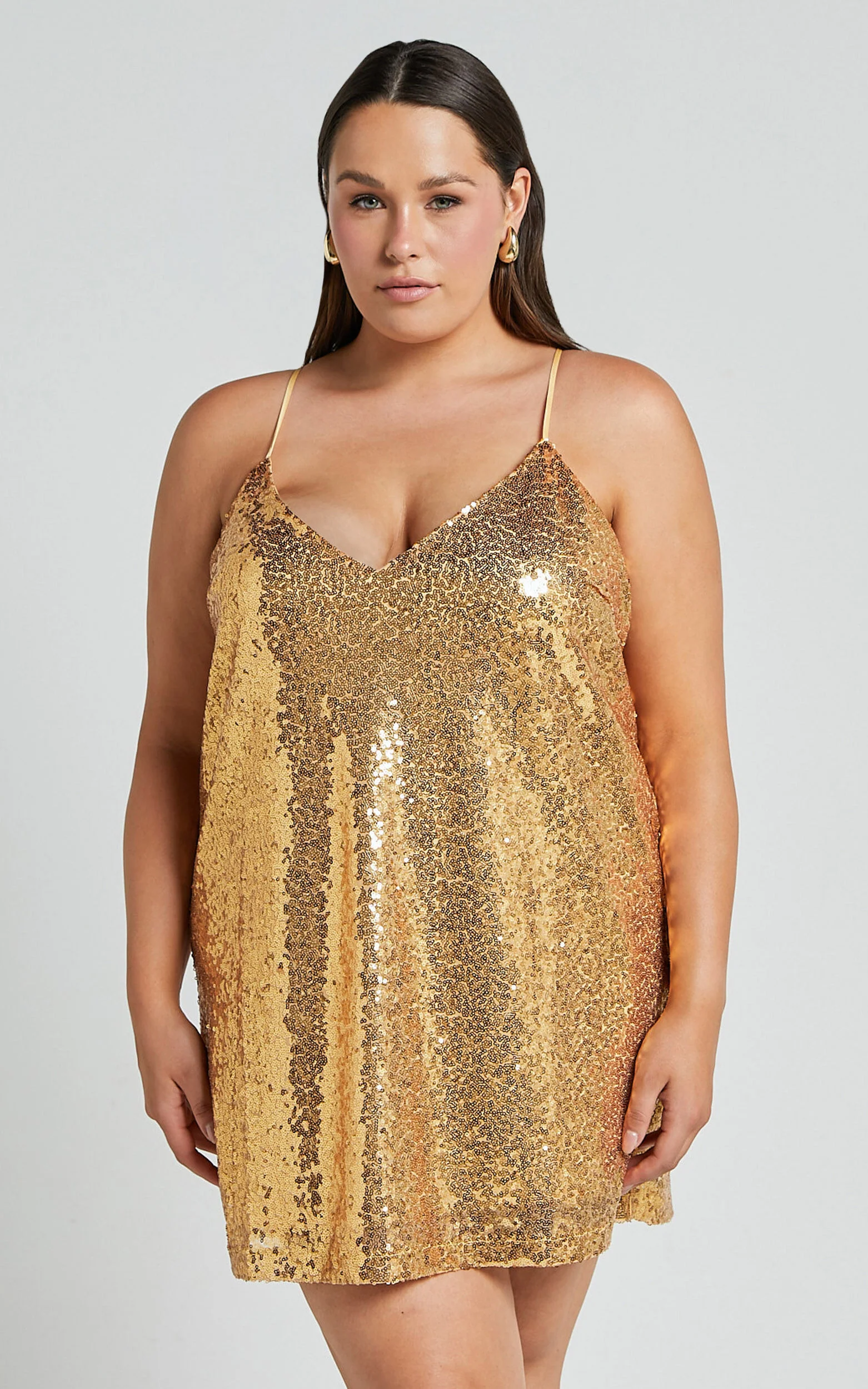 Delilaah Mini Dress - Strappy V Neck Slip Sequin Dress in Gold Sequins