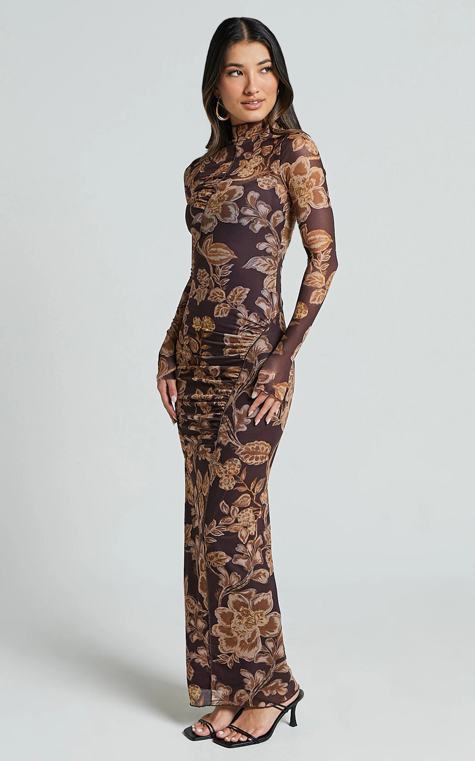 Vivian Midi Dress - High Neck Long Sleeve Mesh Dress in Amber Bloom Print