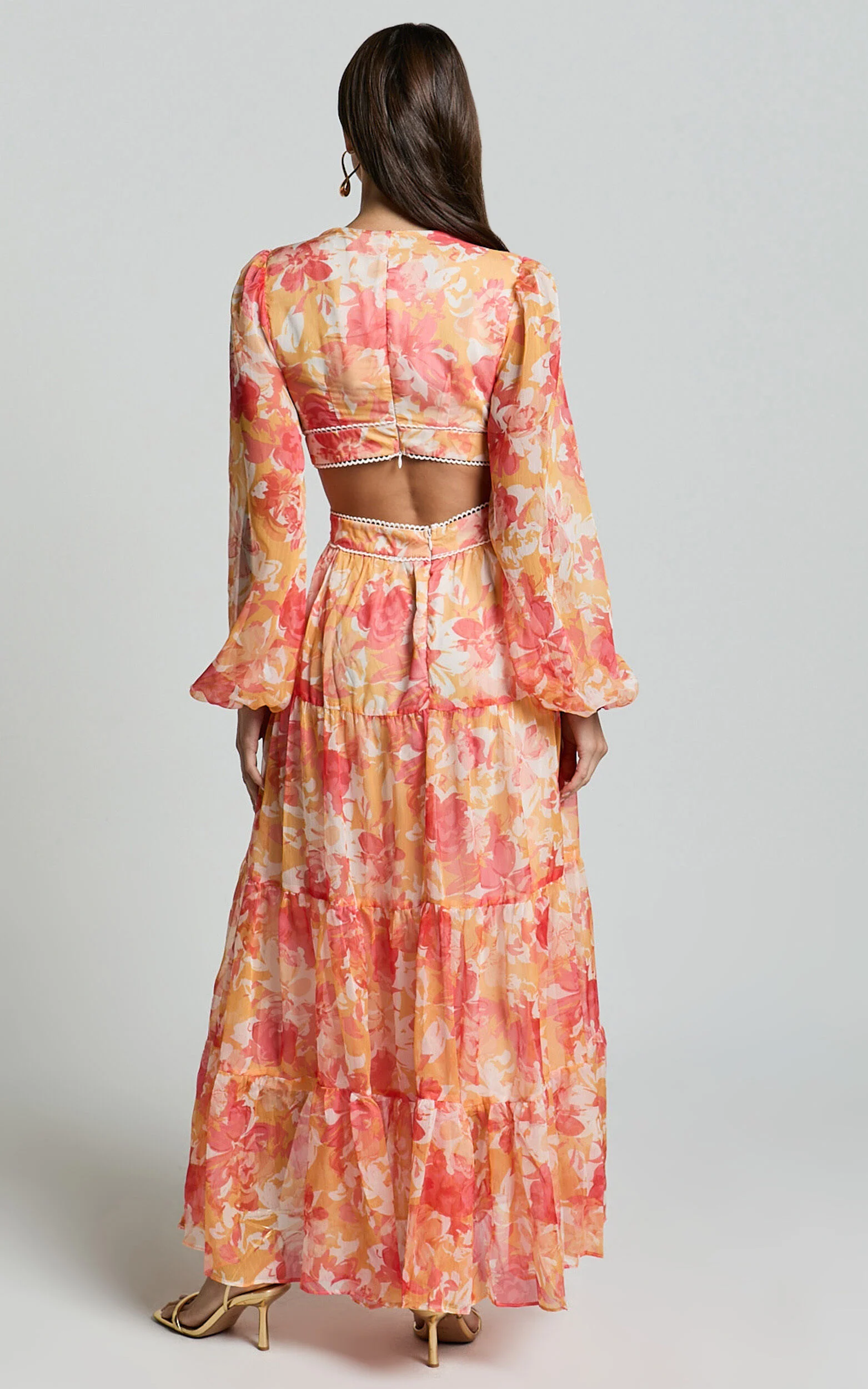 Anthea Midi Dress - V Neck Cut Out Tiered Dress in Yellow Print